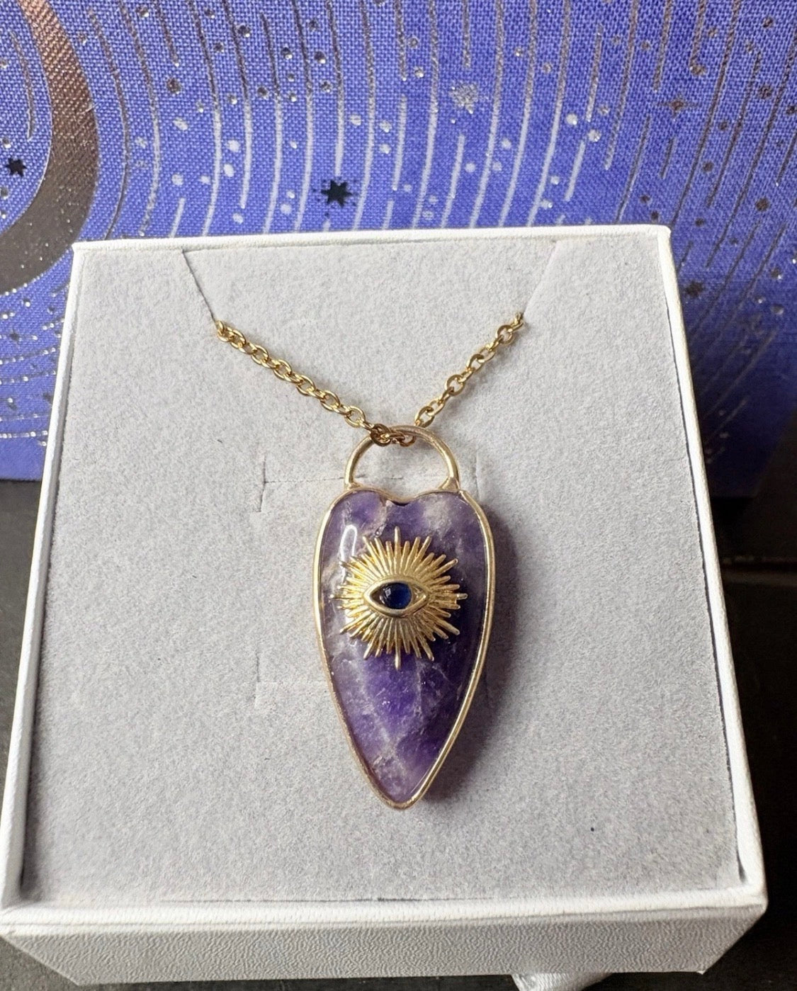 Evil Eye Amethyst Pendant Necklace – Gold Tone Chain | Spiritual Protection Jewellery