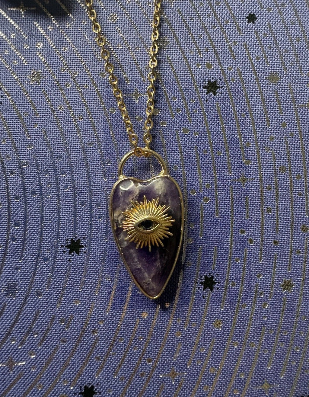 Evil Eye Amethyst Pendant Necklace – Gold Tone Chain | Spiritual Protection Jewellery
