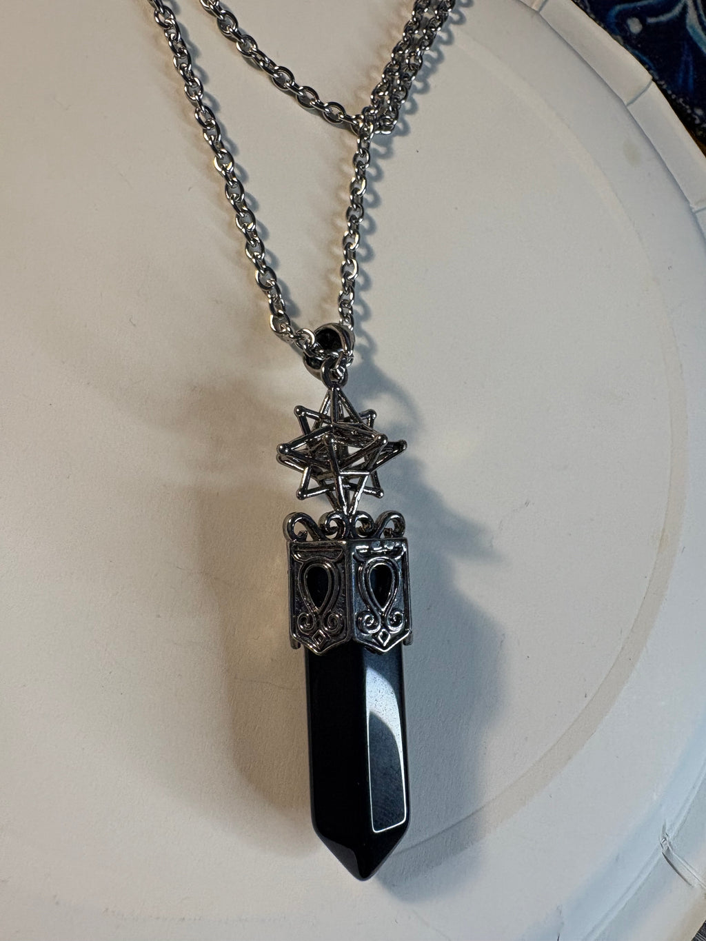 Black Obsidian Crystal Point Pendant Necklace – Sacred Geometry Protection Jewellery