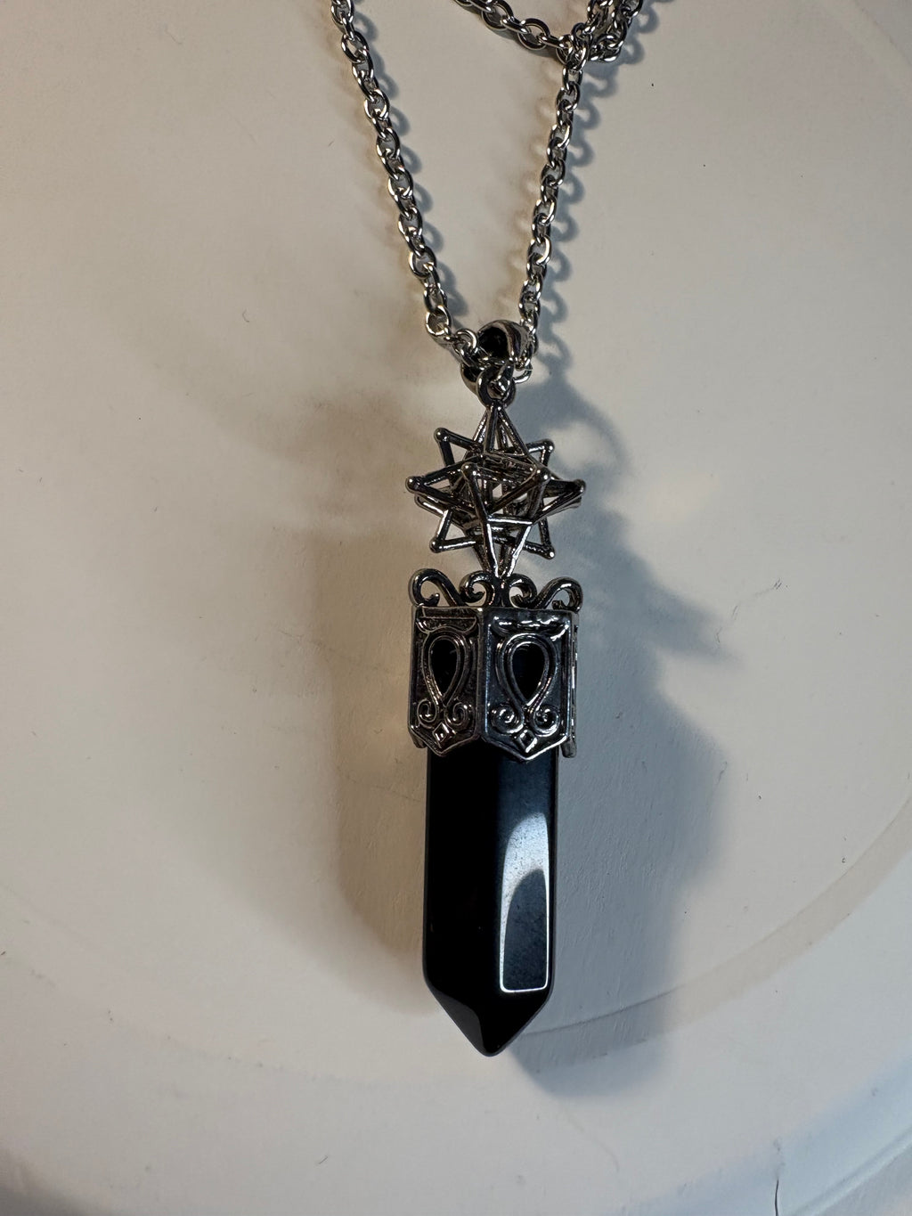 Black Obsidian Crystal Point Pendant Necklace – Sacred Geometry Protection Jewellery