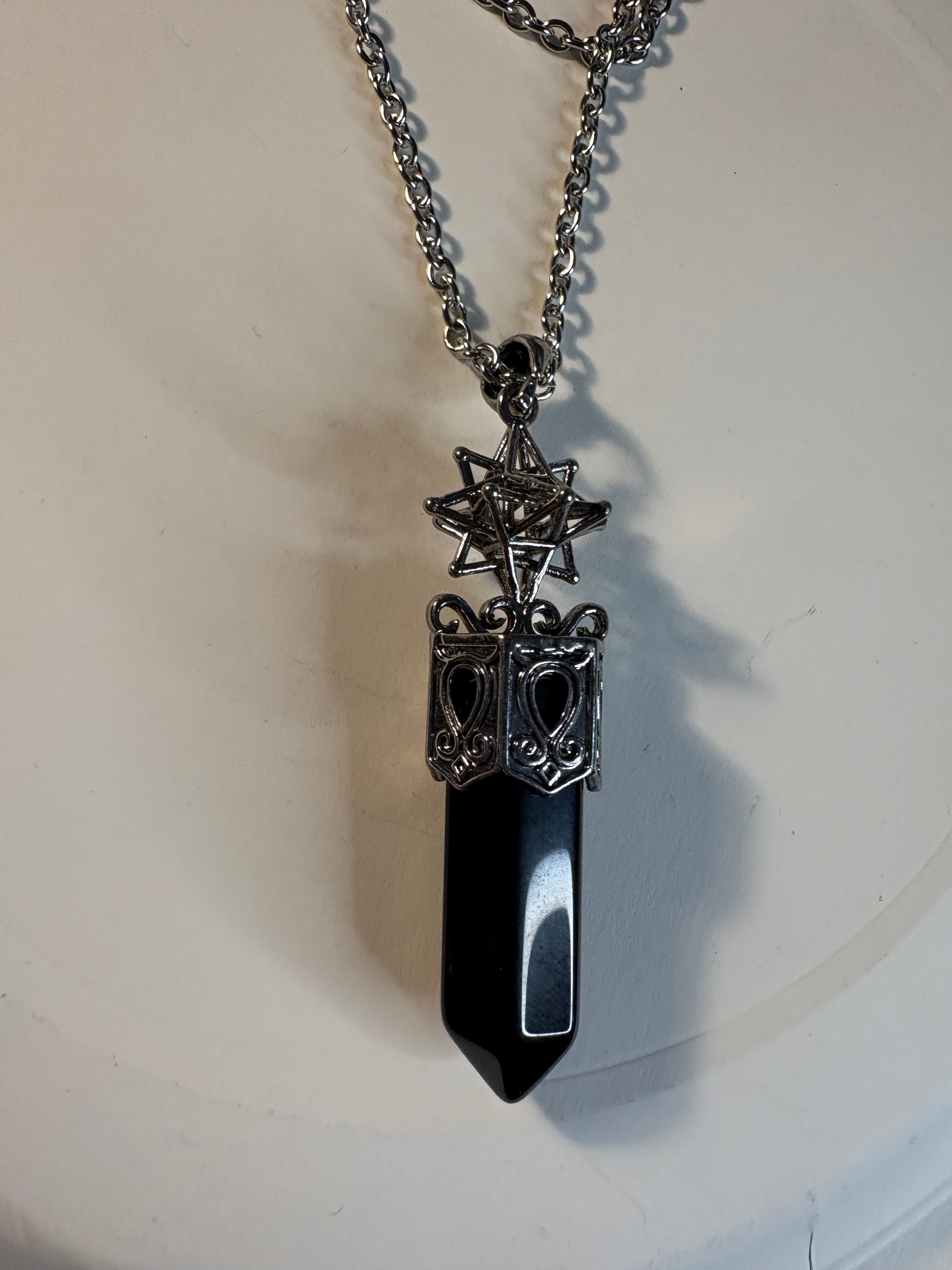 Black Obsidian Crystal Point Pendant Necklace – Sacred Geometry Protection Jewellery
