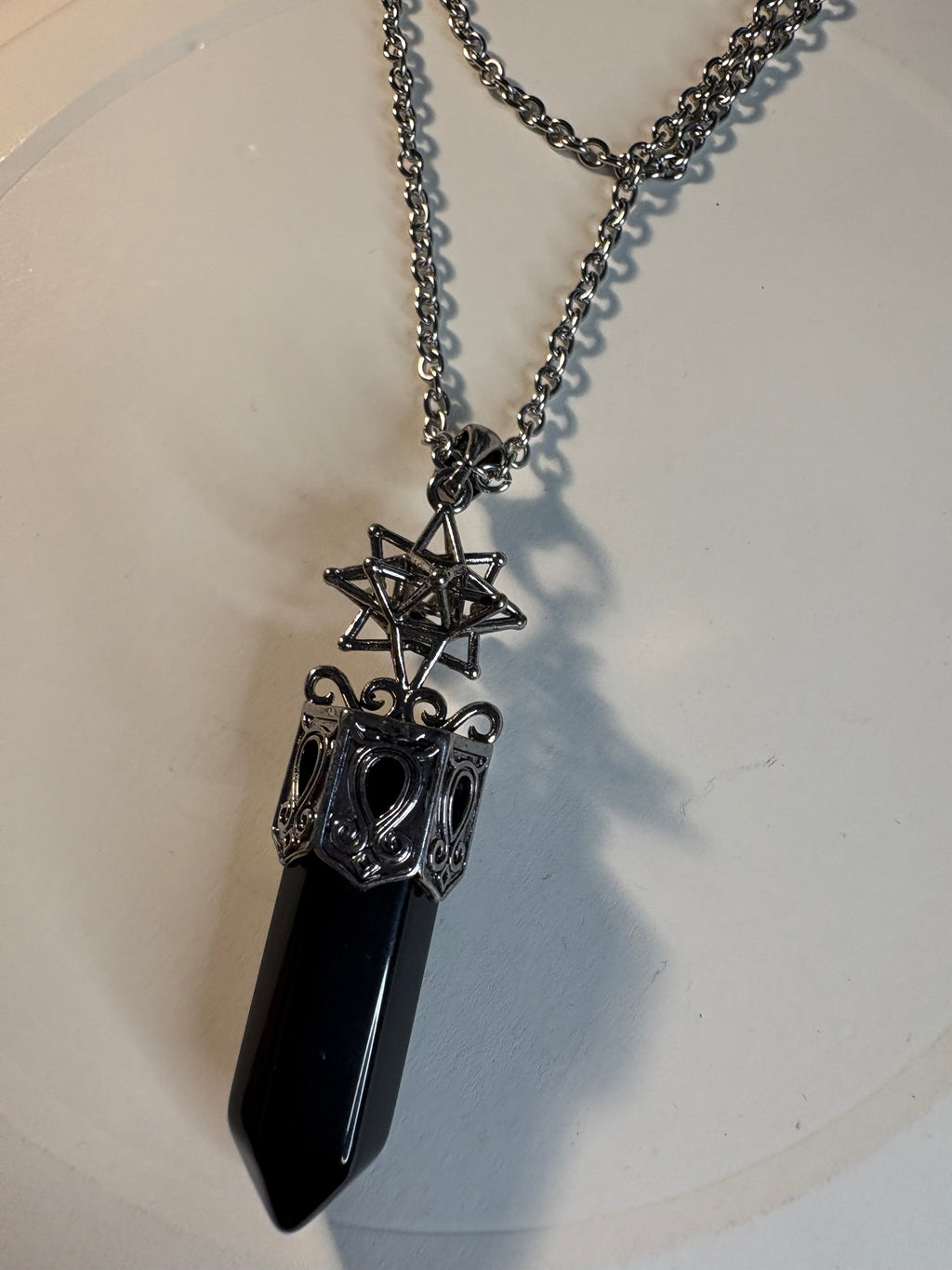 Black Obsidian Crystal Point Pendant Necklace – Sacred Geometry Protection Jewellery