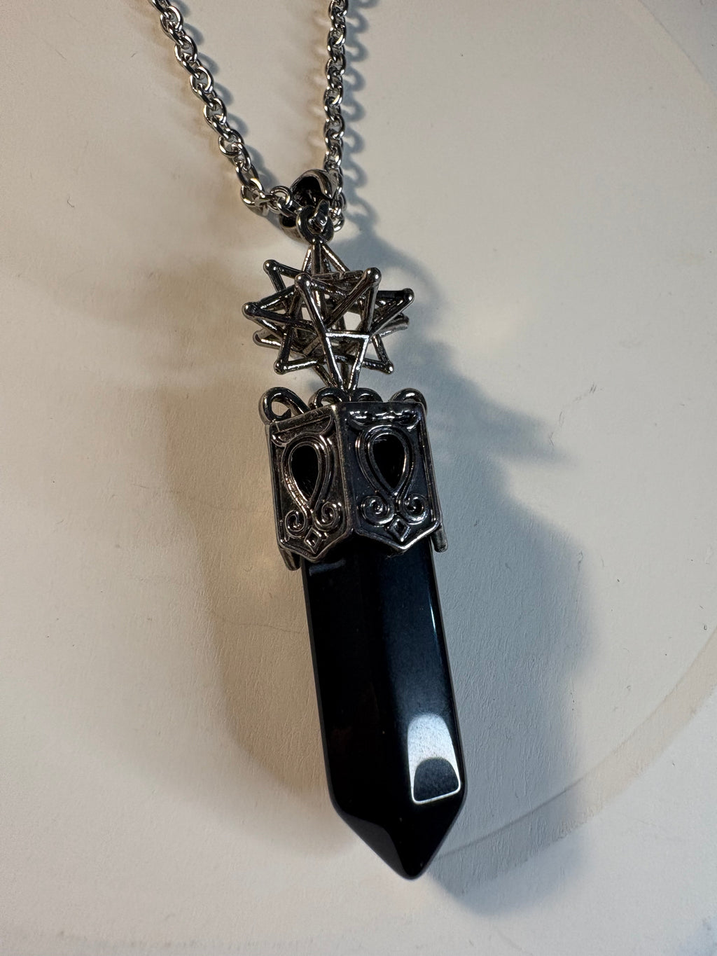 Black Obsidian Crystal Point Pendant Necklace – Sacred Geometry Protection Jewellery