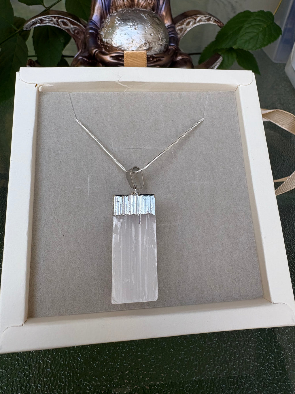 ✨ Selenite Crystal Necklace – Sterling Silver S925 Chain 65cm | Natural Selenite Pendant 3cm | Spiritual Protection & Cleansing