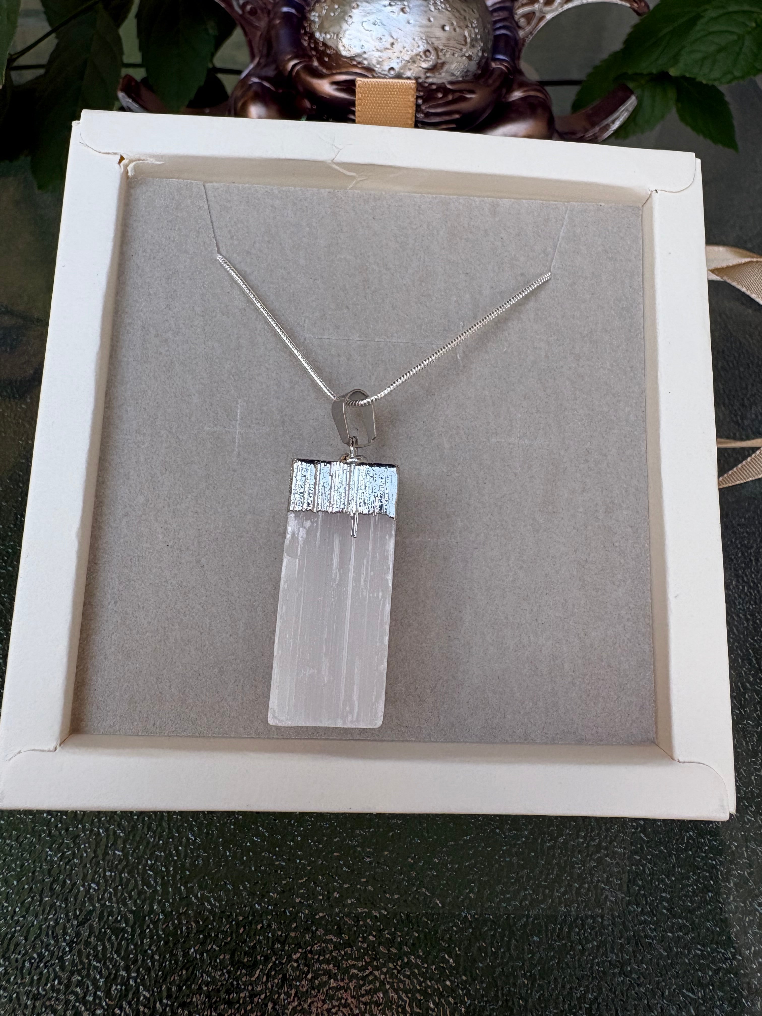 ✨ Selenite Crystal Necklace – Sterling Silver S925 Chain 65cm | Natural Selenite Pendant 3cm | Spiritual Protection & Cleansing