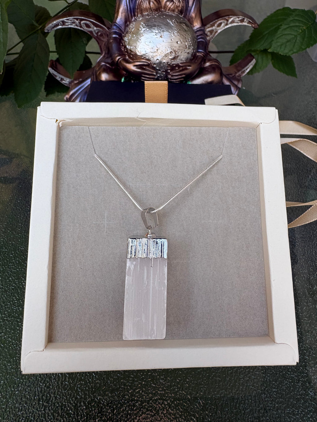 ✨ Selenite Crystal Necklace – Sterling Silver S925 Chain 65cm | Natural Selenite Pendant 3cm | Spiritual Protection & Cleansing