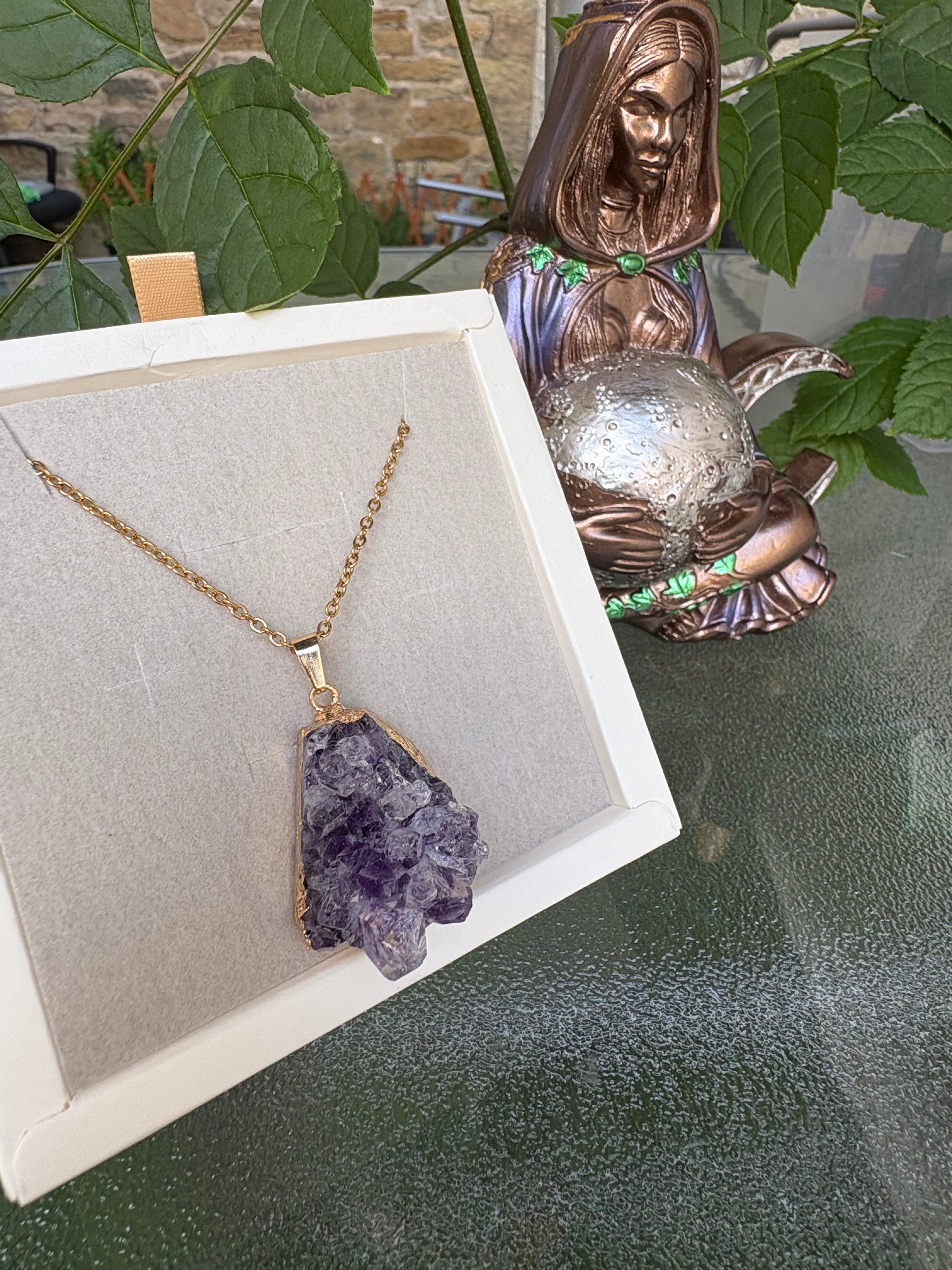 Raw Amethyst Crystal Necklace – Stainless Steel Chain 50cm | Natural Amethyst Cluster Pendant