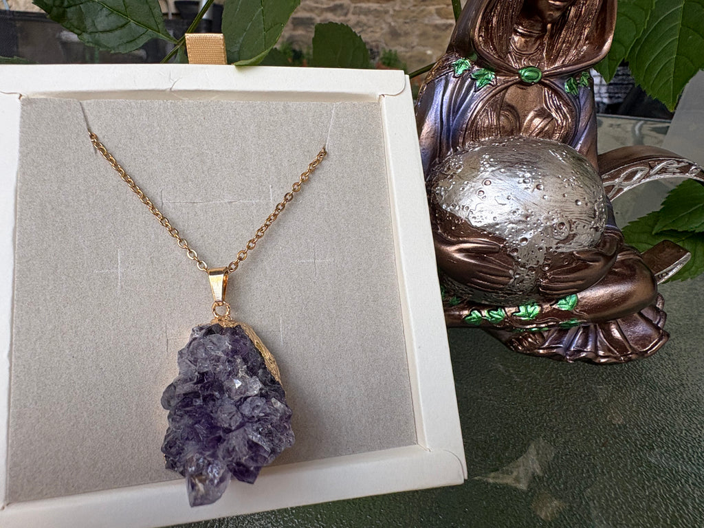 Raw Amethyst Crystal Necklace – Stainless Steel Chain 50cm | Natural Amethyst Cluster Pendant