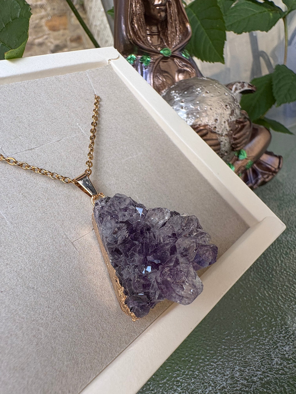 Raw Amethyst Crystal Necklace – Stainless Steel Chain 50cm | Natural Amethyst Cluster Pendant