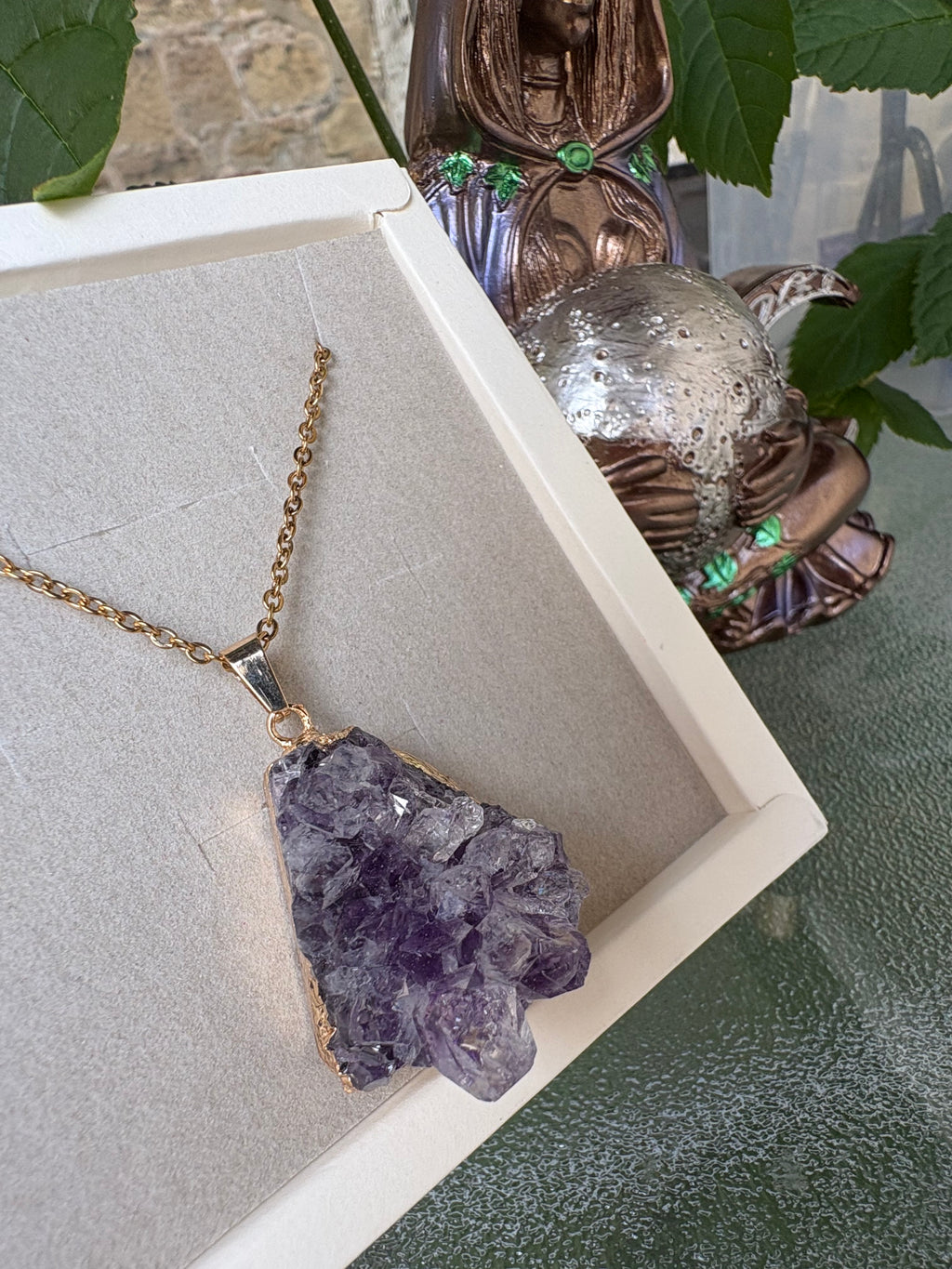 Raw Amethyst Crystal Necklace – Stainless Steel Chain 50cm | Natural Amethyst Cluster Pendant