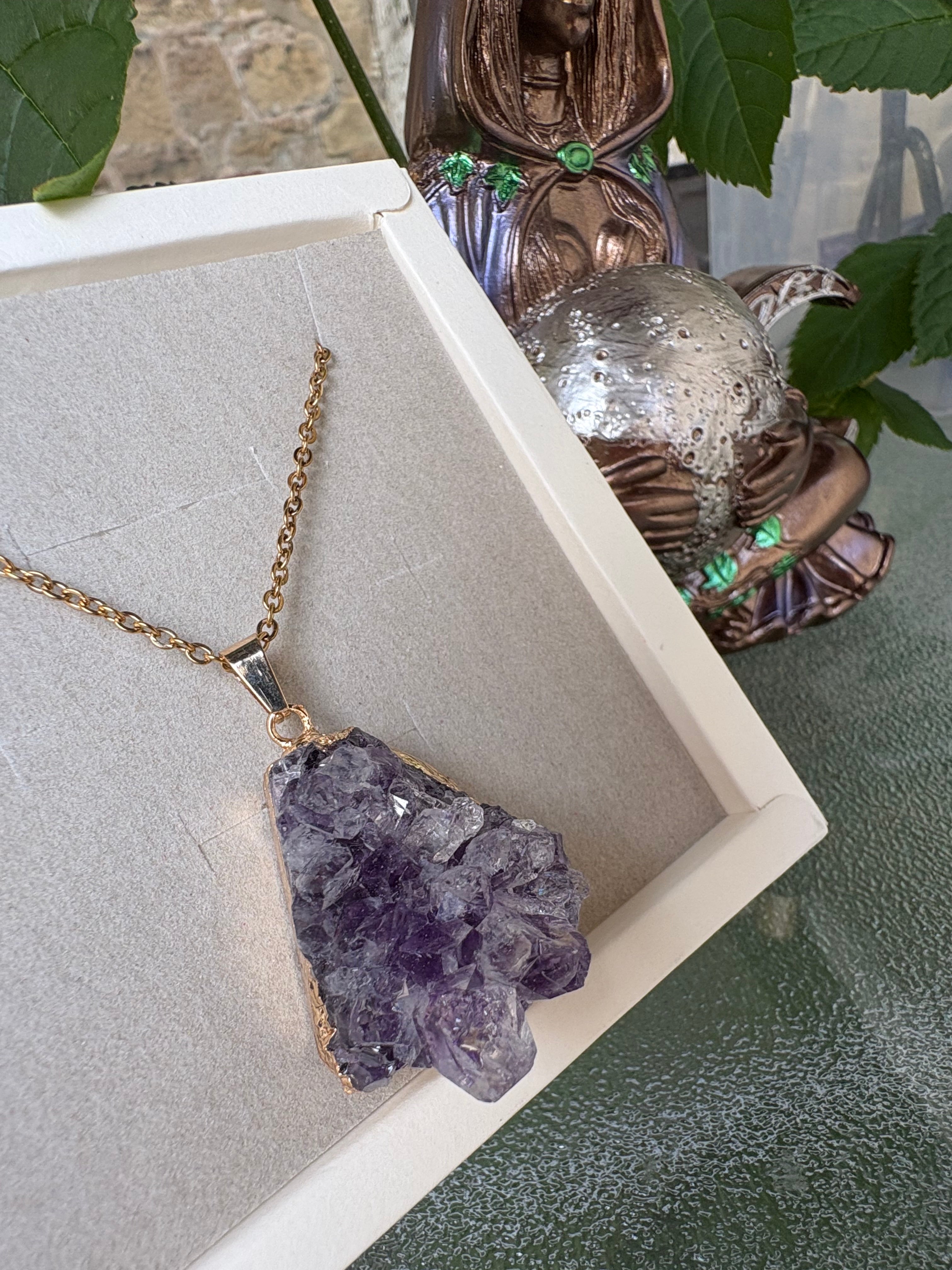 Raw Amethyst Crystal Necklace – Stainless Steel Chain 50cm | Natural Amethyst Cluster Pendant