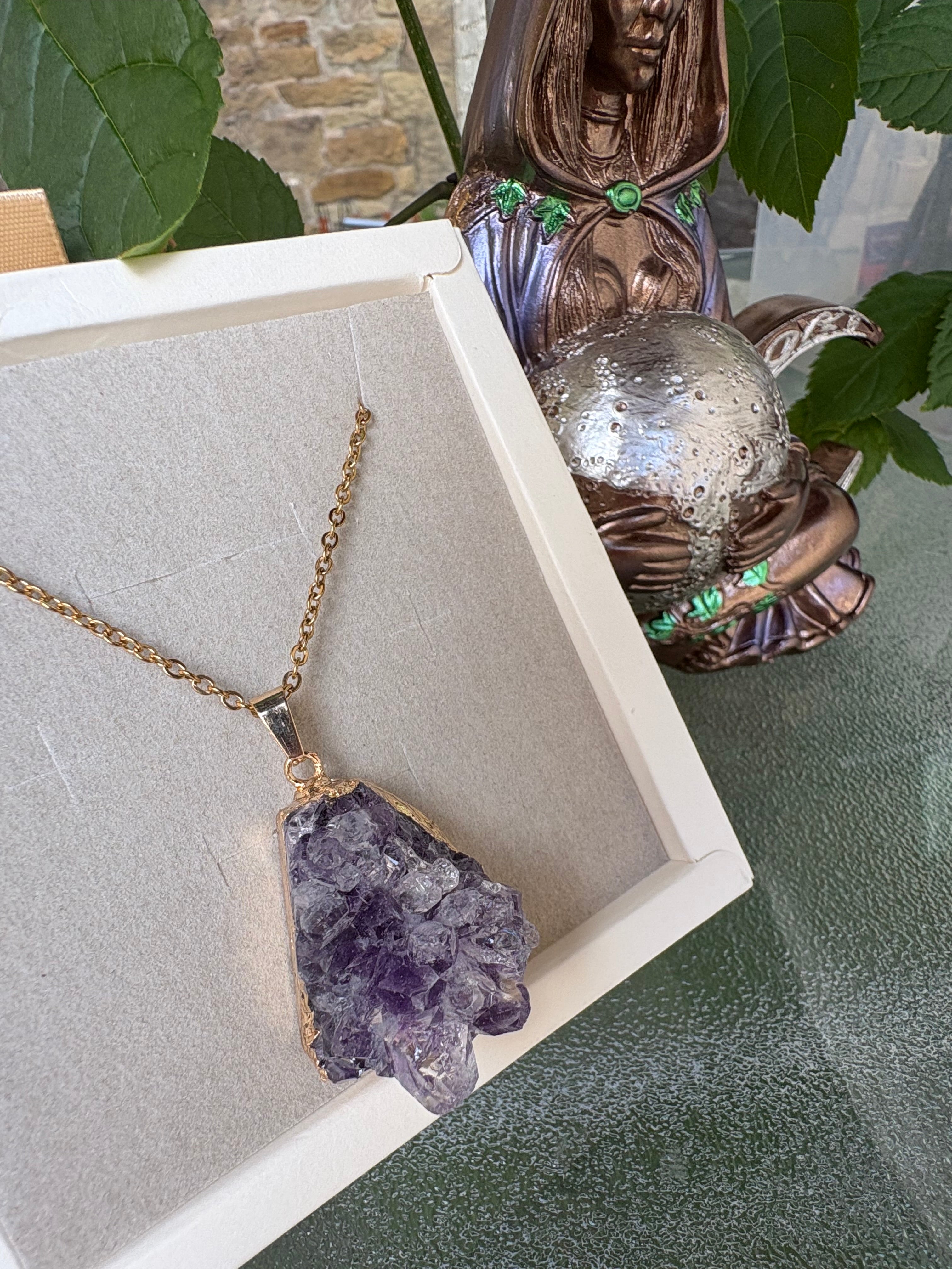 Raw Amethyst Crystal Necklace – Stainless Steel Chain 50cm | Natural Amethyst Cluster Pendant