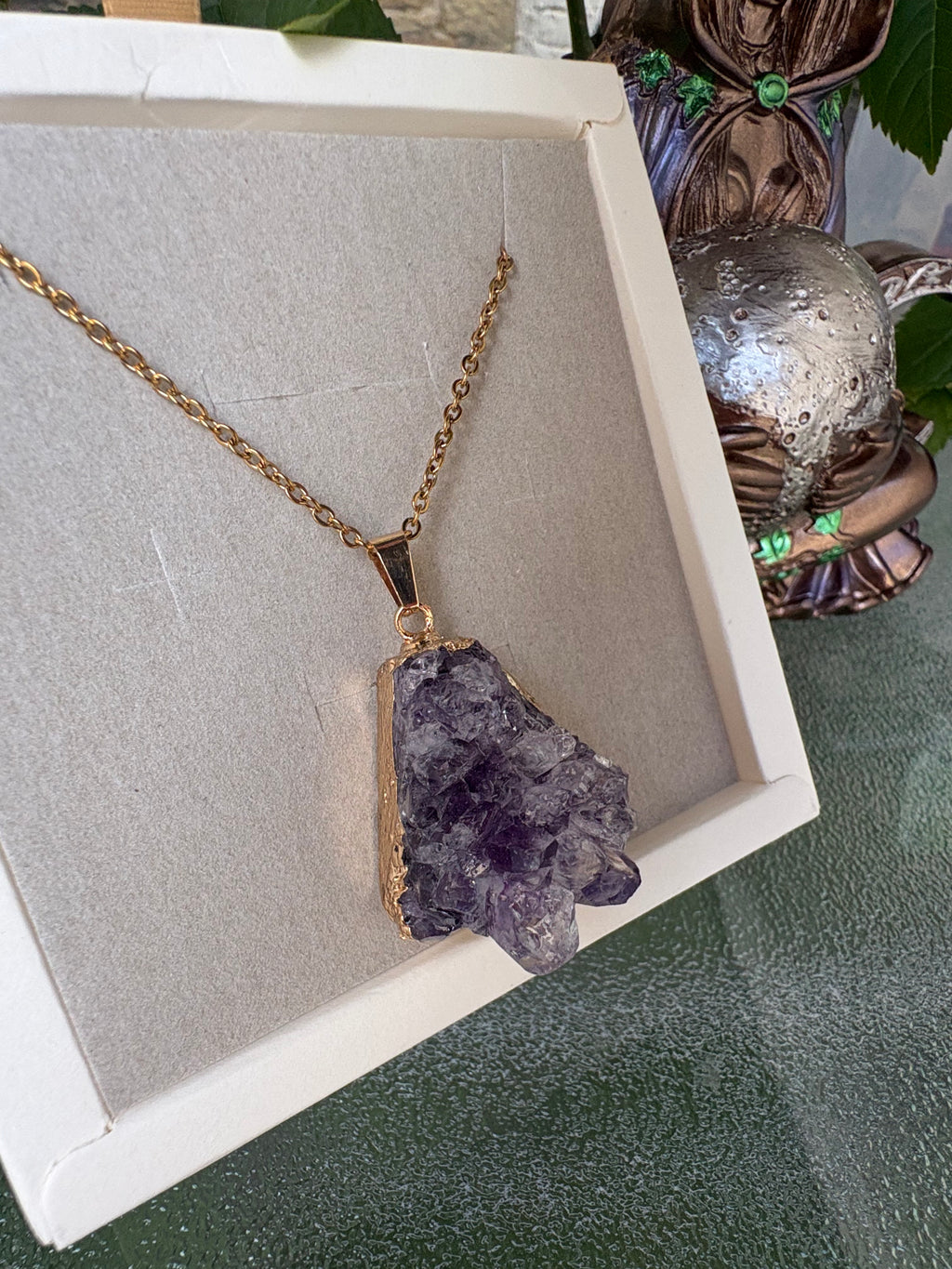 Raw Amethyst Crystal Necklace – Stainless Steel Chain 50cm | Natural Amethyst Cluster Pendant