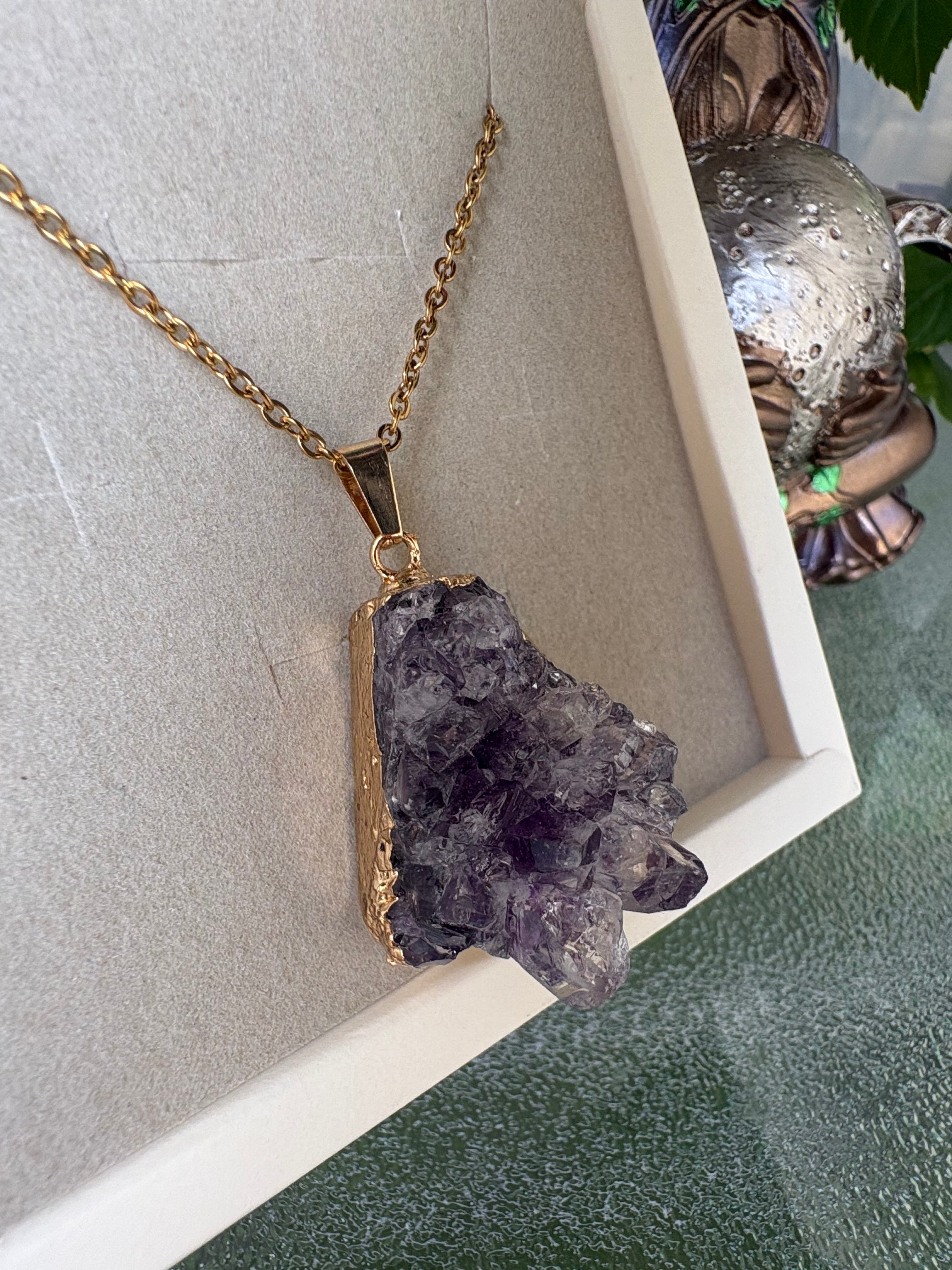 Raw Amethyst Crystal Necklace – Stainless Steel Chain 50cm | Natural Amethyst Cluster Pendant