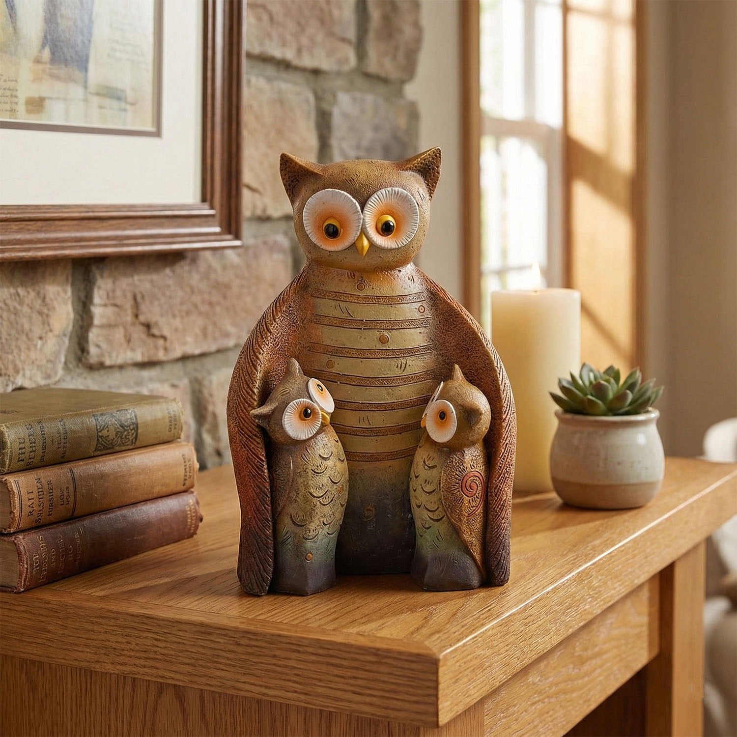 Owl Family Resin Ornament – Mother & Baby Owls Home Decor