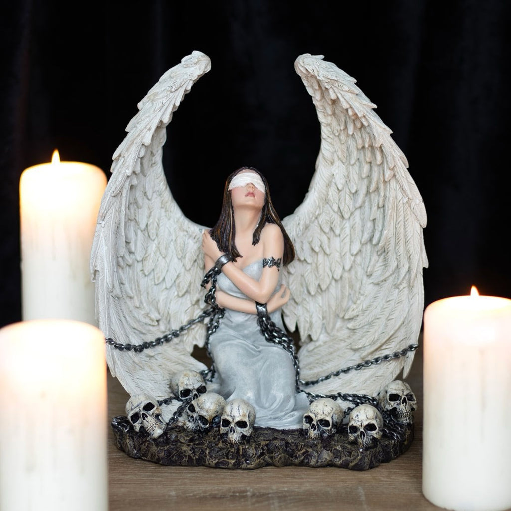 Blindfolded Angel of Chains & Skulls – Gothic Resin Ornament