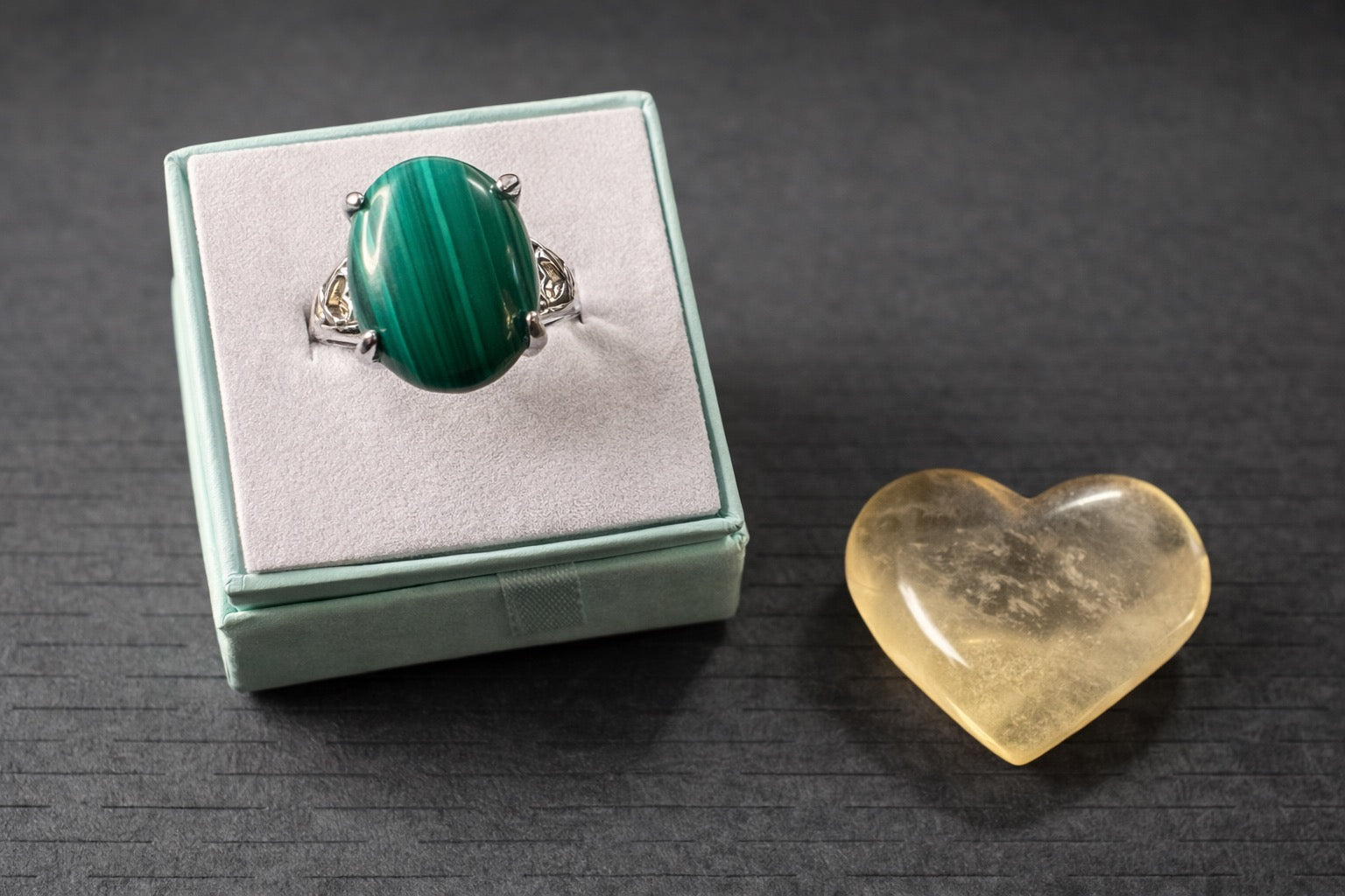 Malachite Silver Plated Statement Ring with Fluorite Heart Crystal