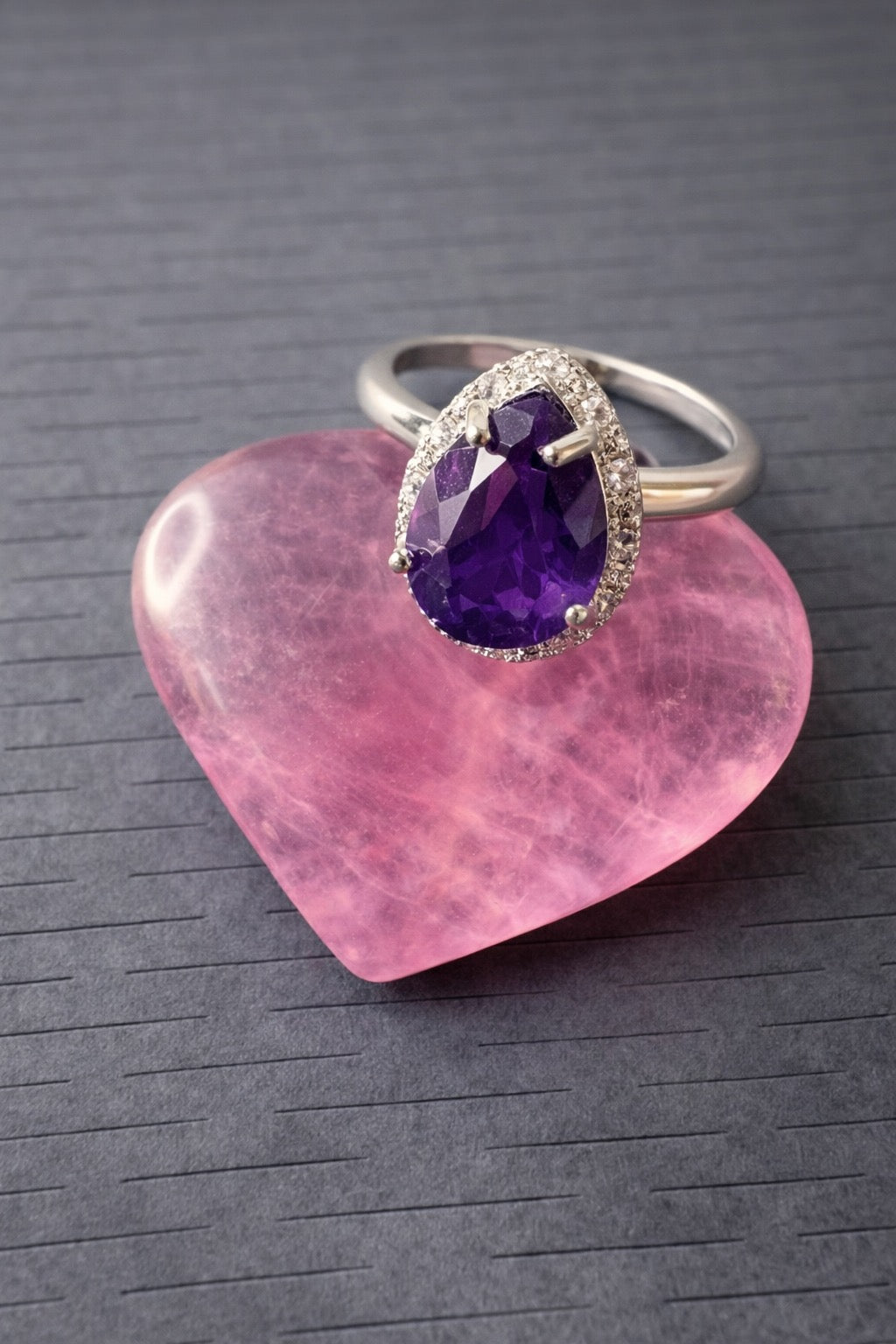Amethyst Silver Plated Ring with Fluorite Heart Crystal
