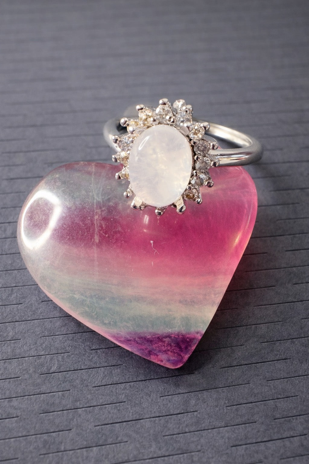 Moonstone Silver Plated Ring with Fluorite Heart Crystal
