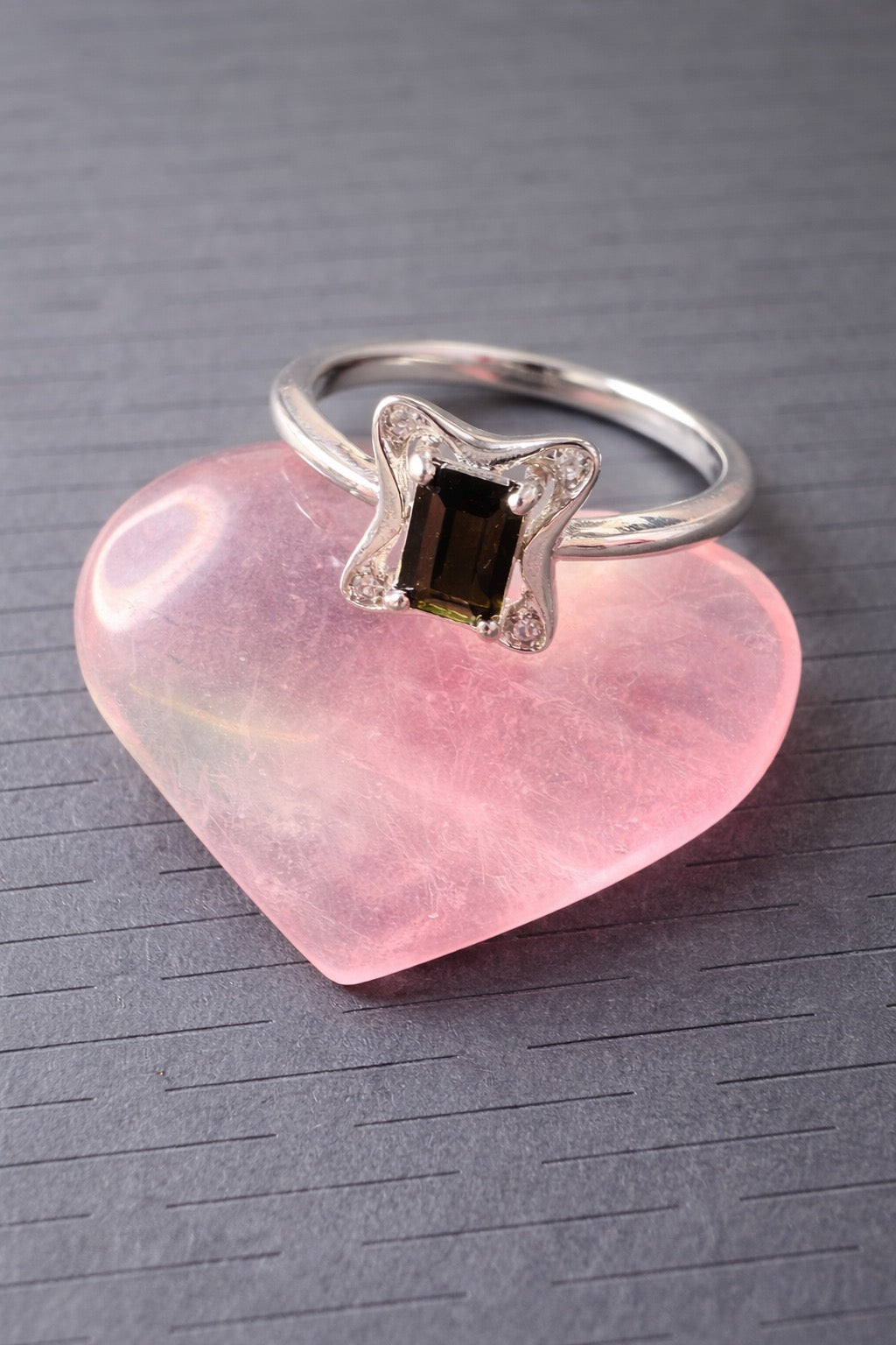 Green Tourmaline Silver Plated Ring with Fluorite Heart Crystal
