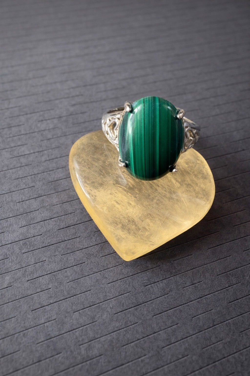 Malachite Silver Plated Statement Ring with Fluorite Heart Crystal