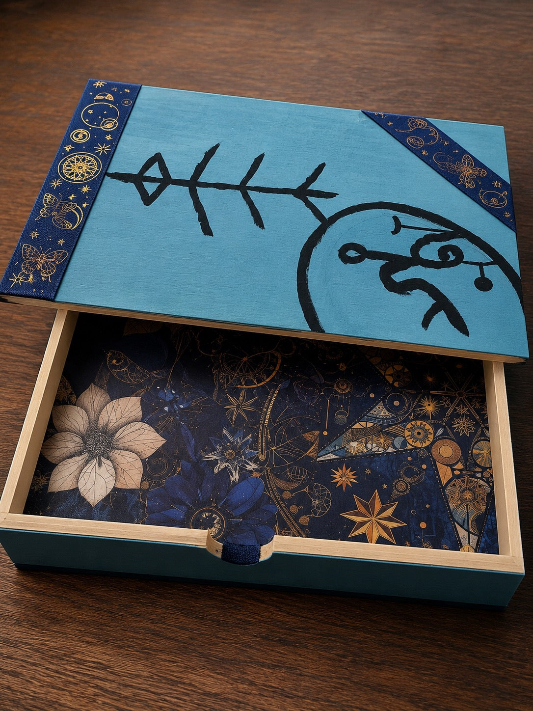 Handmade A4 Wooden Keepsake Box with Hand-Painted Protection Symbols | Spiritual Storage Box | One of a Kind