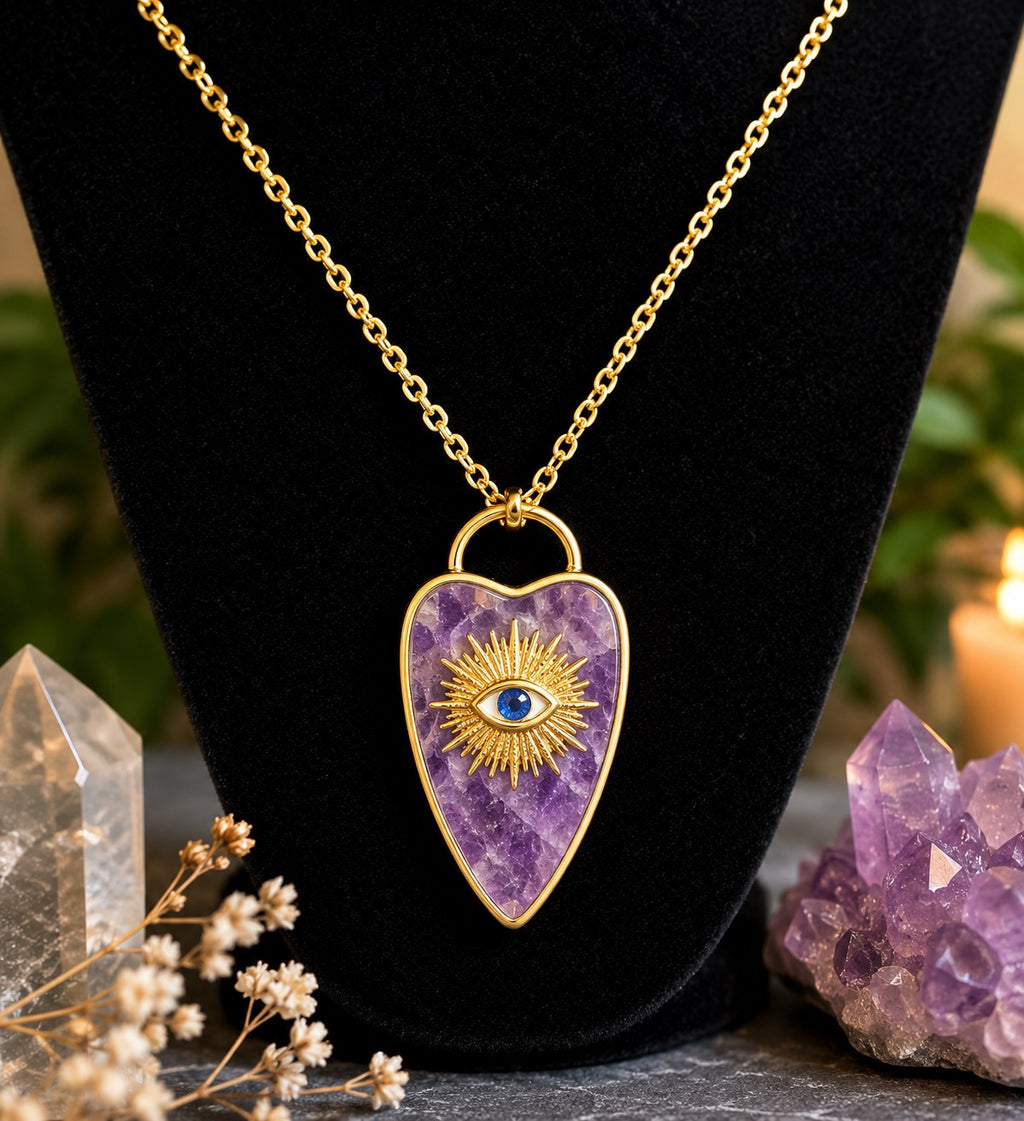 Evil Eye Amethyst Pendant Necklace – Gold Tone Chain | Spiritual Protection Jewellery