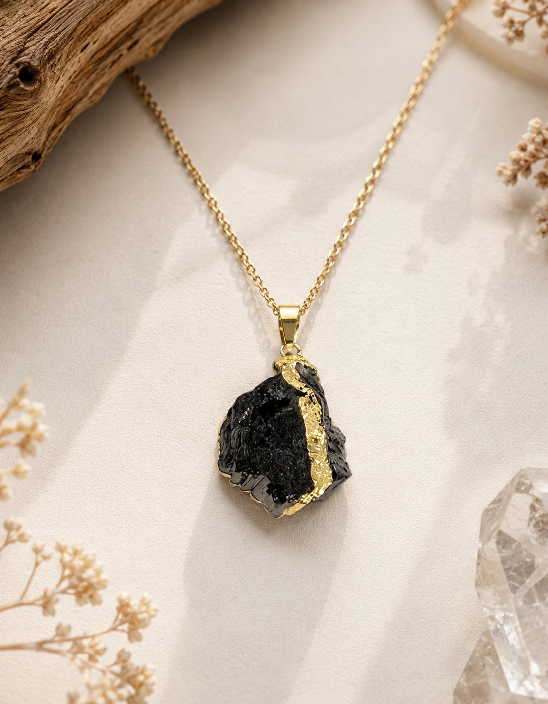Raw Black Tourmaline Pendant Necklace – Gold Tone Stainless Steel Chain