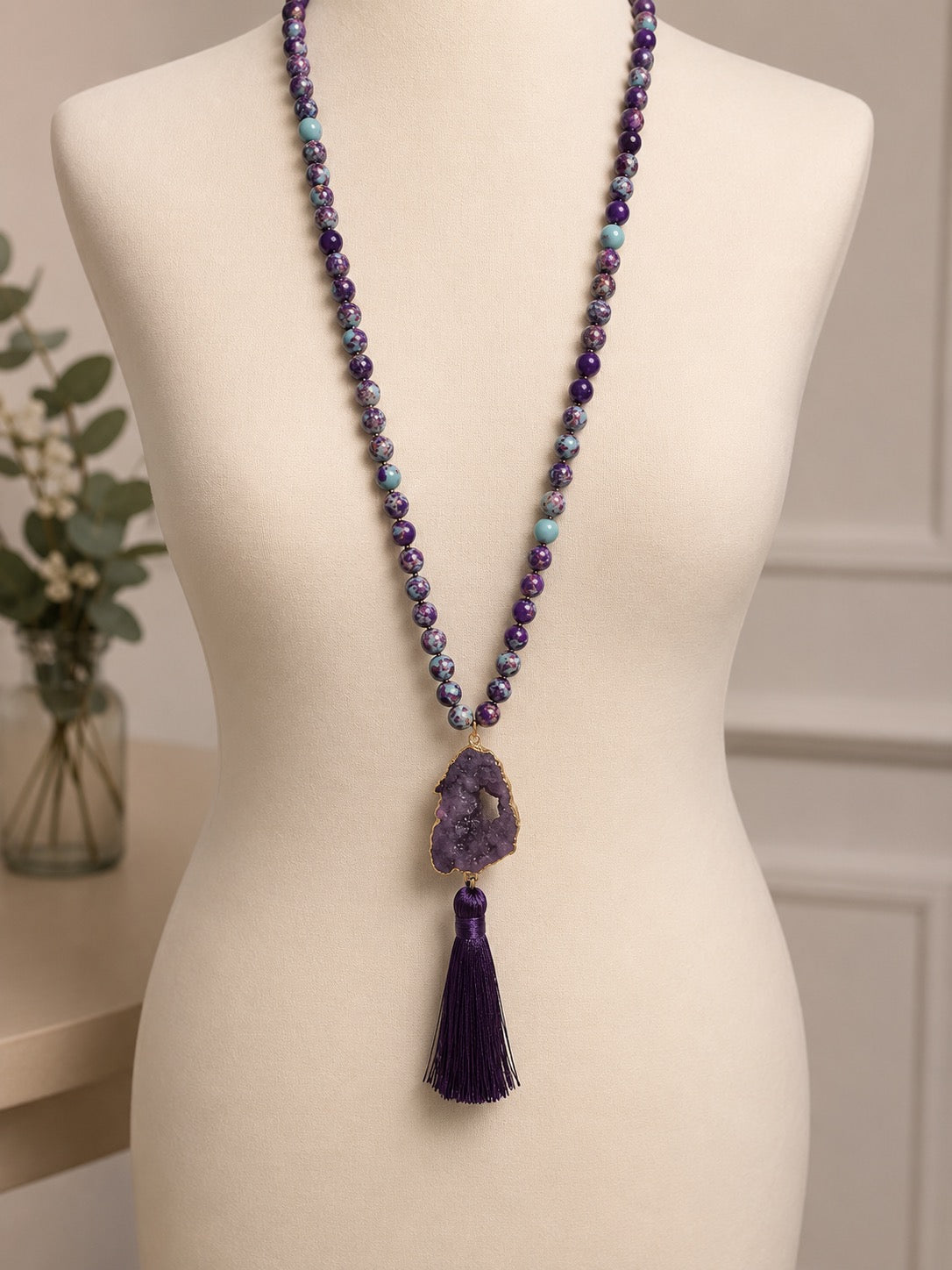 Purple Druzy Geode Tassel Necklace Boho Statement Gemstone Beaded Necklace