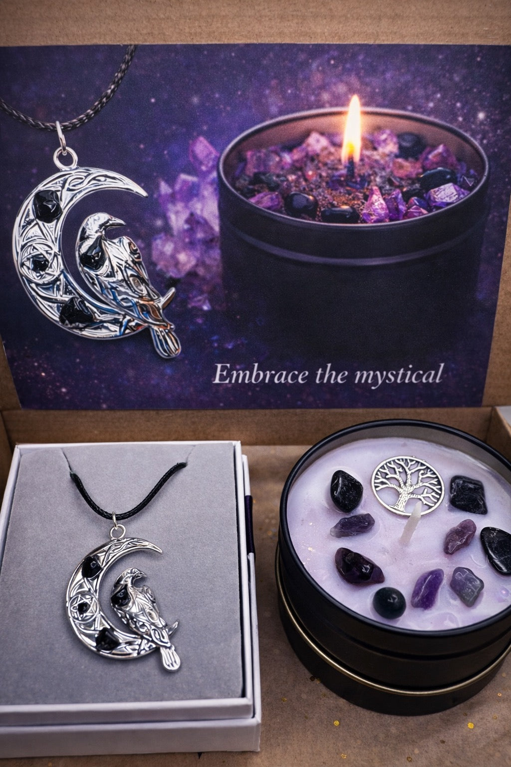 Moon & Raven Necklace & Amethyst Crystal Candle
