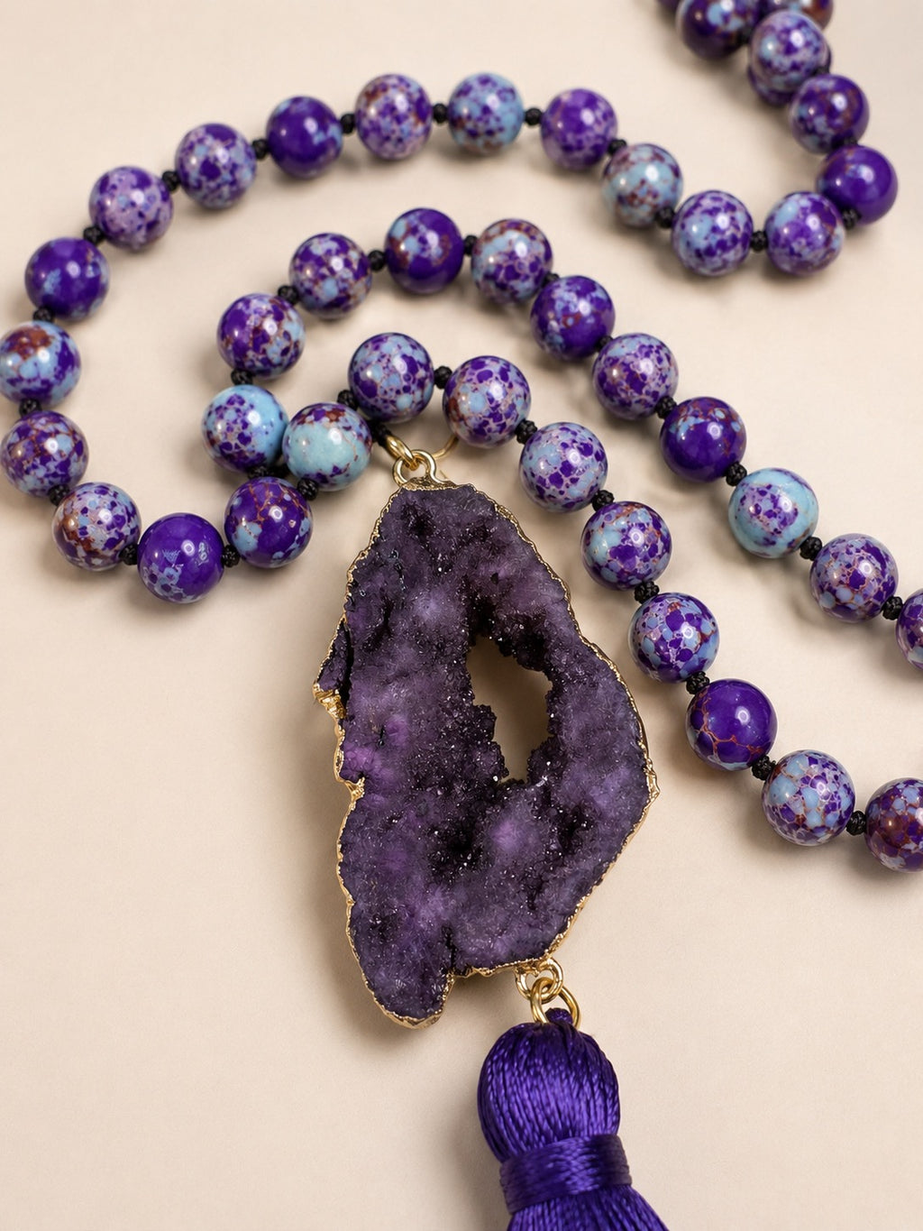 Purple Druzy Geode Tassel Necklace Boho Statement Gemstone Beaded Necklace