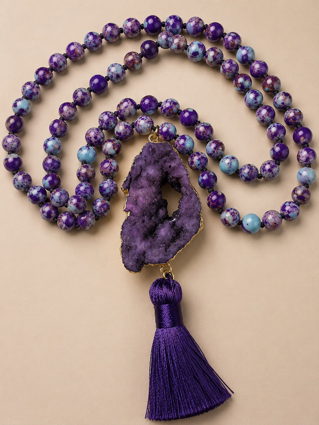 Purple Druzy Geode Tassel Necklace Boho Statement Gemstone Beaded Necklace
