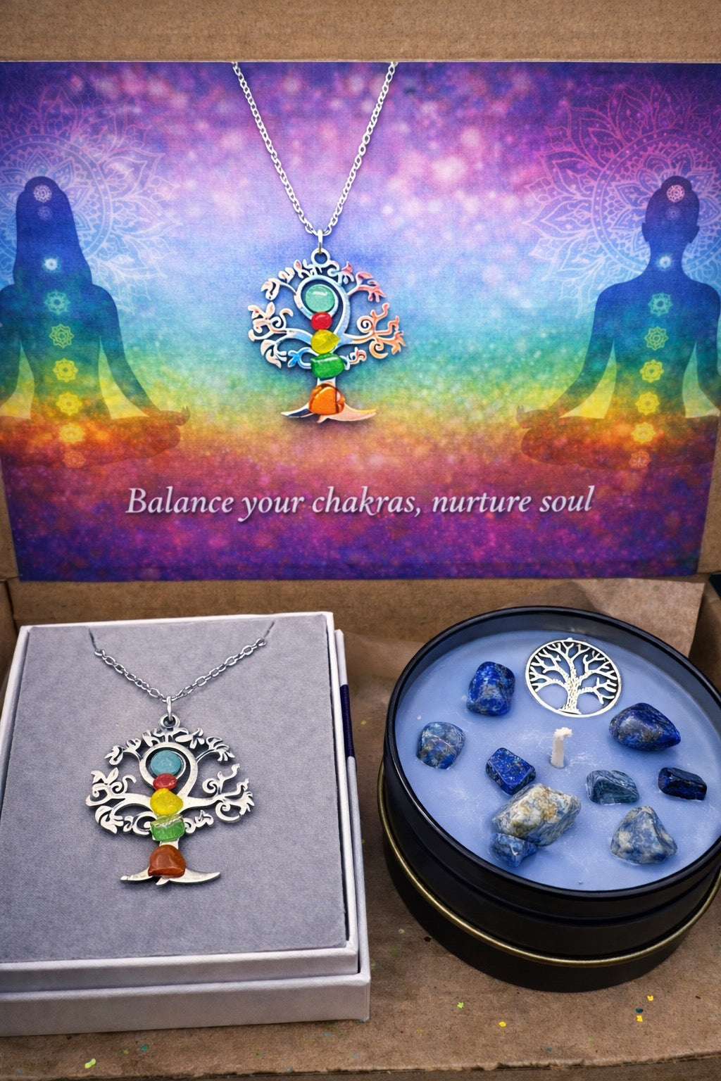 Chakra Balance Necklace & Crystal Candle Set