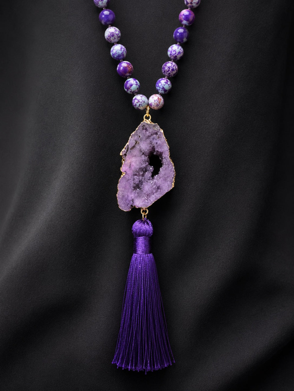 Purple Druzy Geode Tassel Necklace Boho Statement Gemstone Beaded Necklace