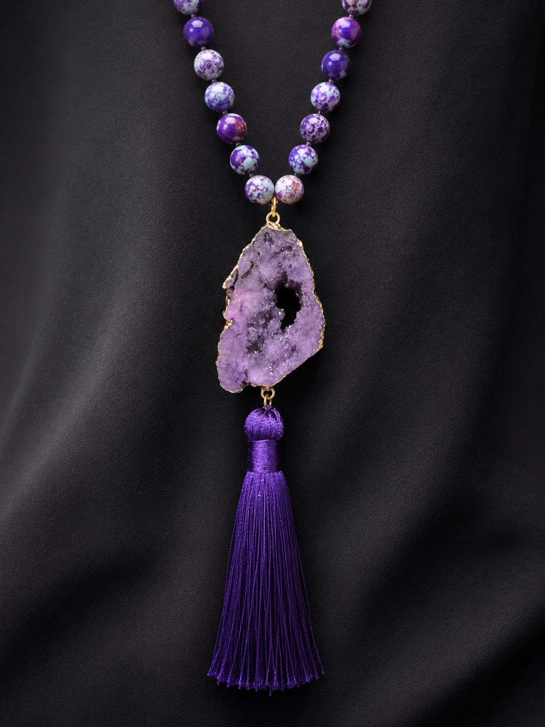 Purple Druzy Geode Tassel Necklace Boho Statement Gemstone Beaded Necklace