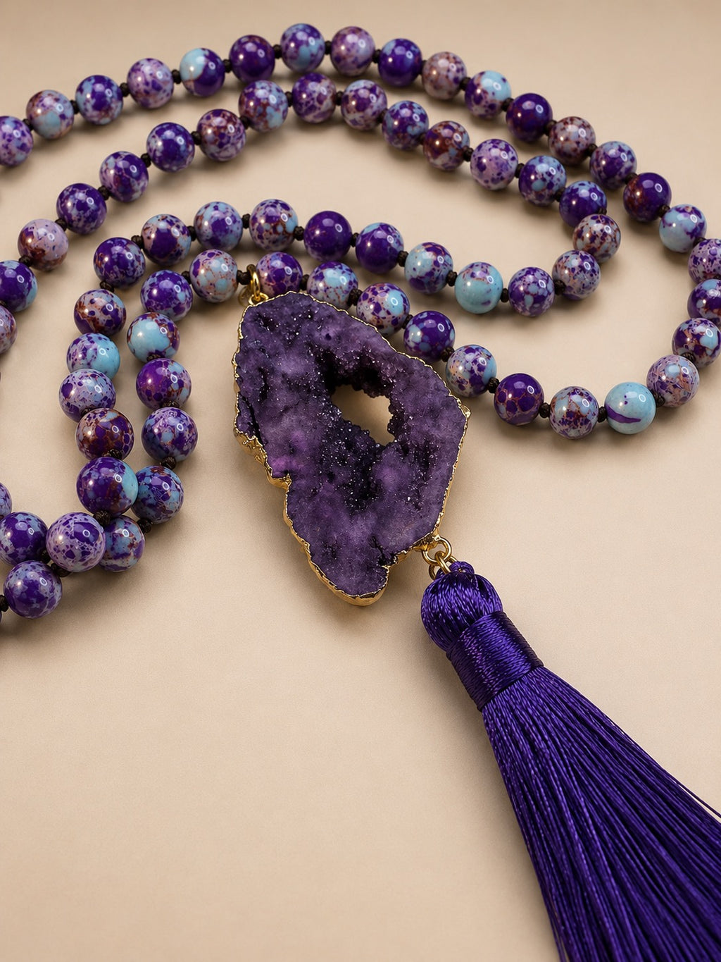 Purple Druzy Geode Tassel Necklace Boho Statement Gemstone Beaded Necklace