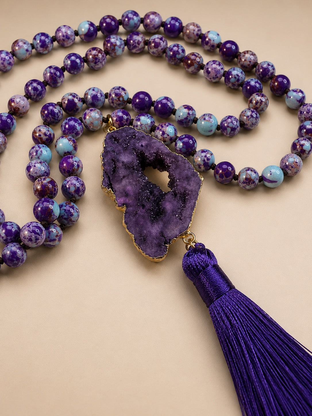 Purple Druzy Geode Tassel Necklace Boho Statement Gemstone Beaded Necklace