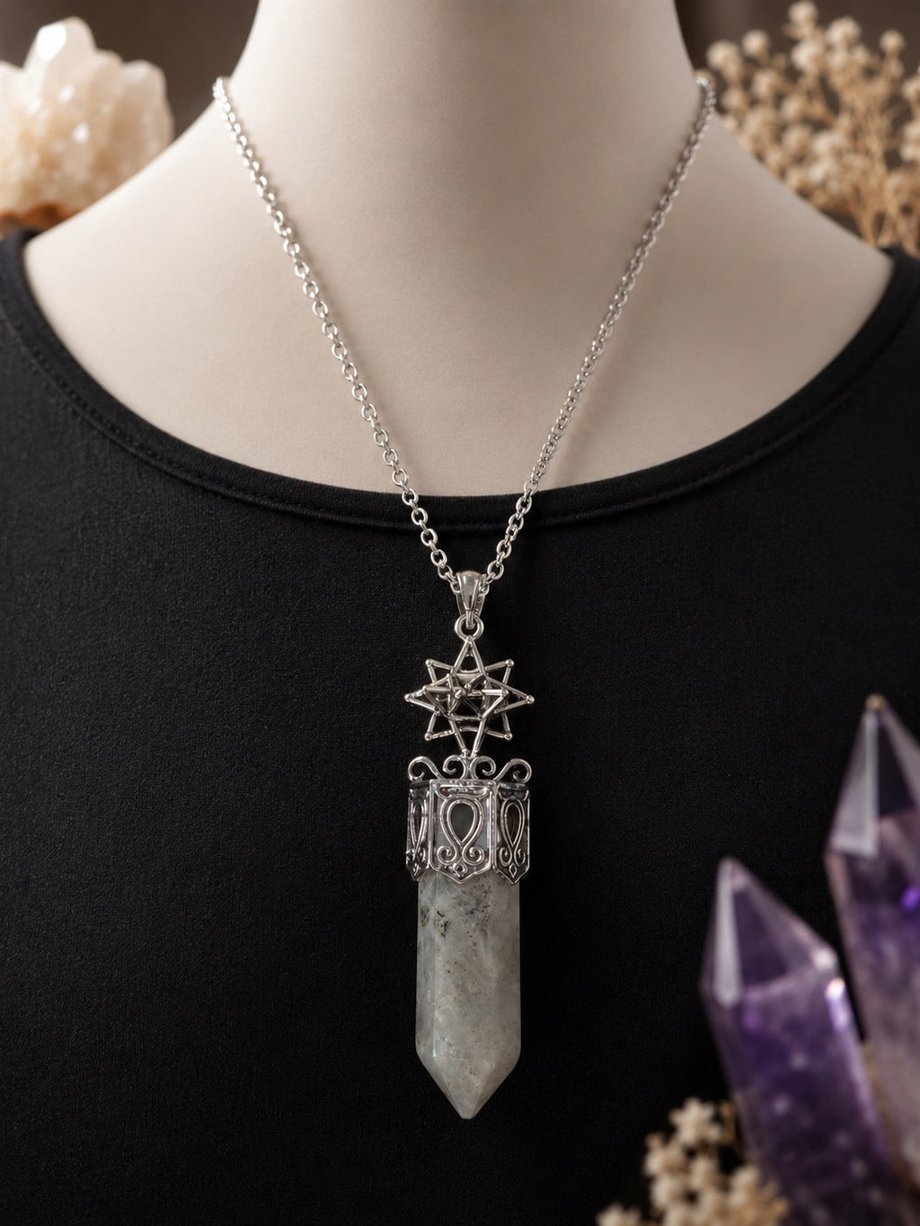 Labradorite Crystal Point Pendant Necklace – Sacred Geometry Gemstone Necklace