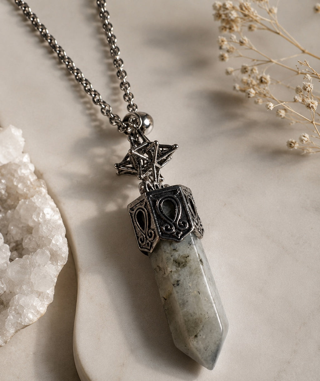 Labradorite Crystal Point Pendant Necklace – Sacred Geometry Gemstone Necklace