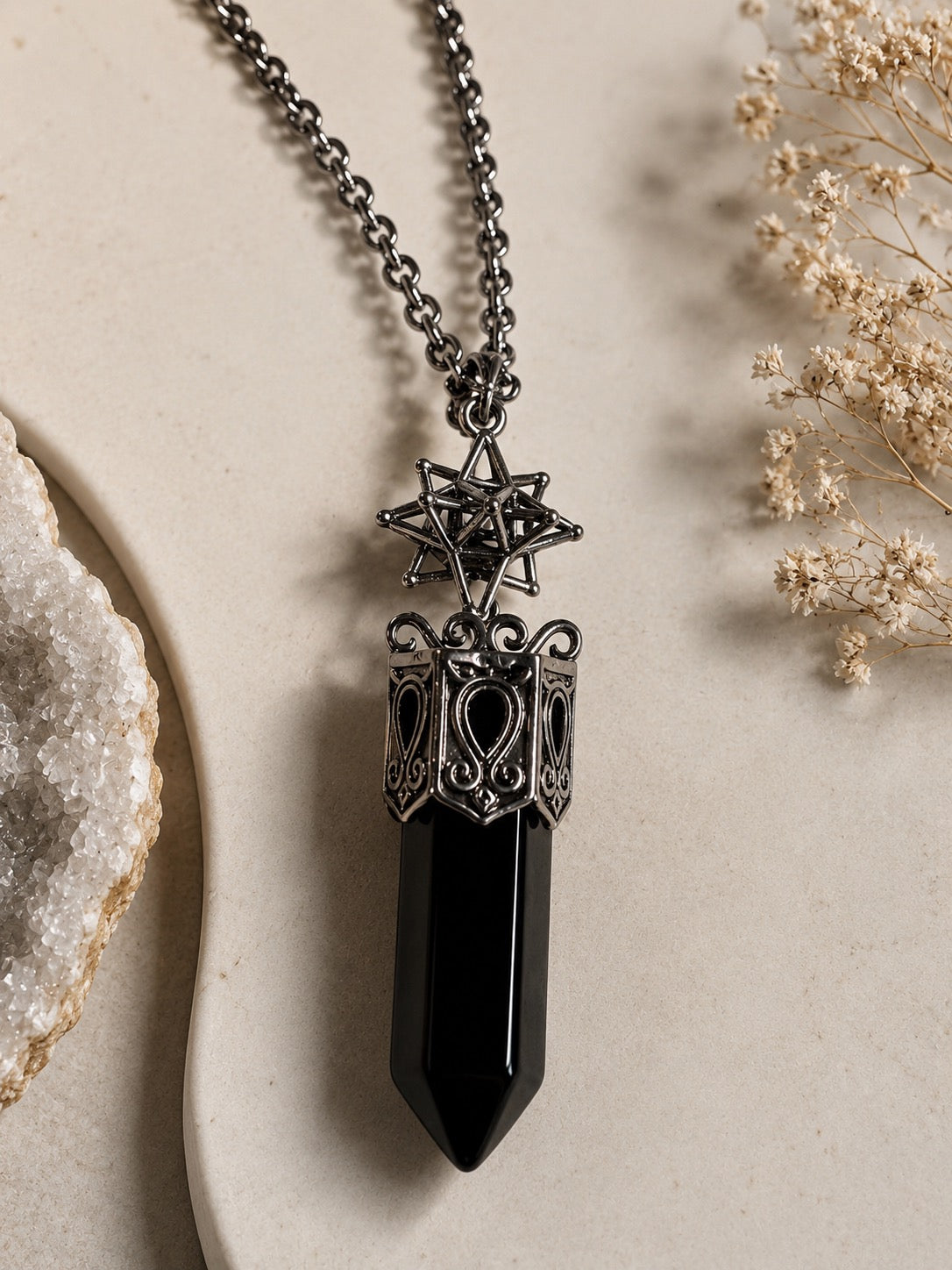 Black Obsidian Crystal Point Pendant Necklace – Sacred Geometry Protection Jewellery