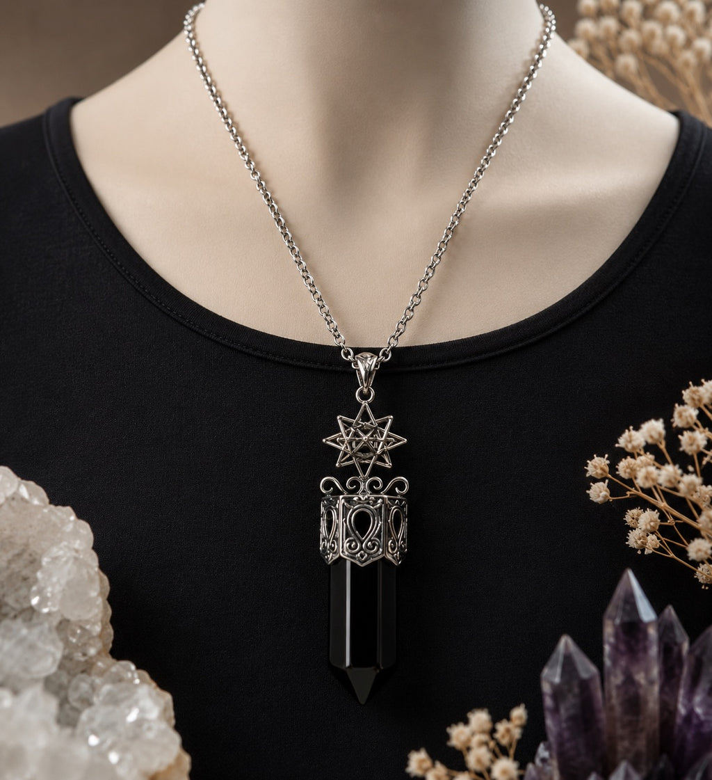 Black Obsidian Crystal Point Pendant Necklace – Sacred Geometry Protection Jewellery