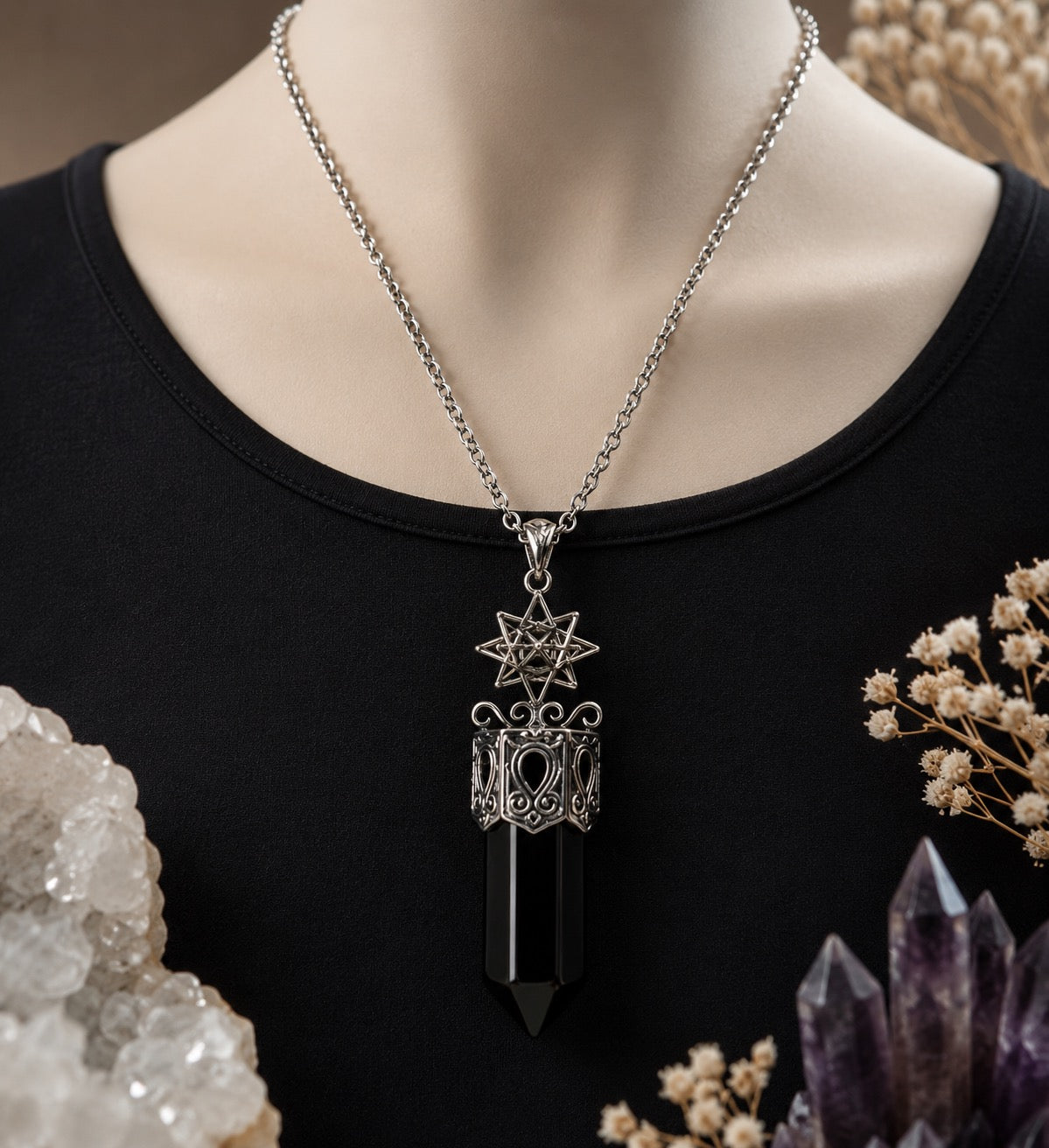 Black Obsidian Crystal Point Pendant Necklace – Sacred Geometry Protection Jewellery