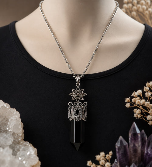Black Obsidian Crystal Point Pendant Necklace – Sacred Geometry Protection Jewellery