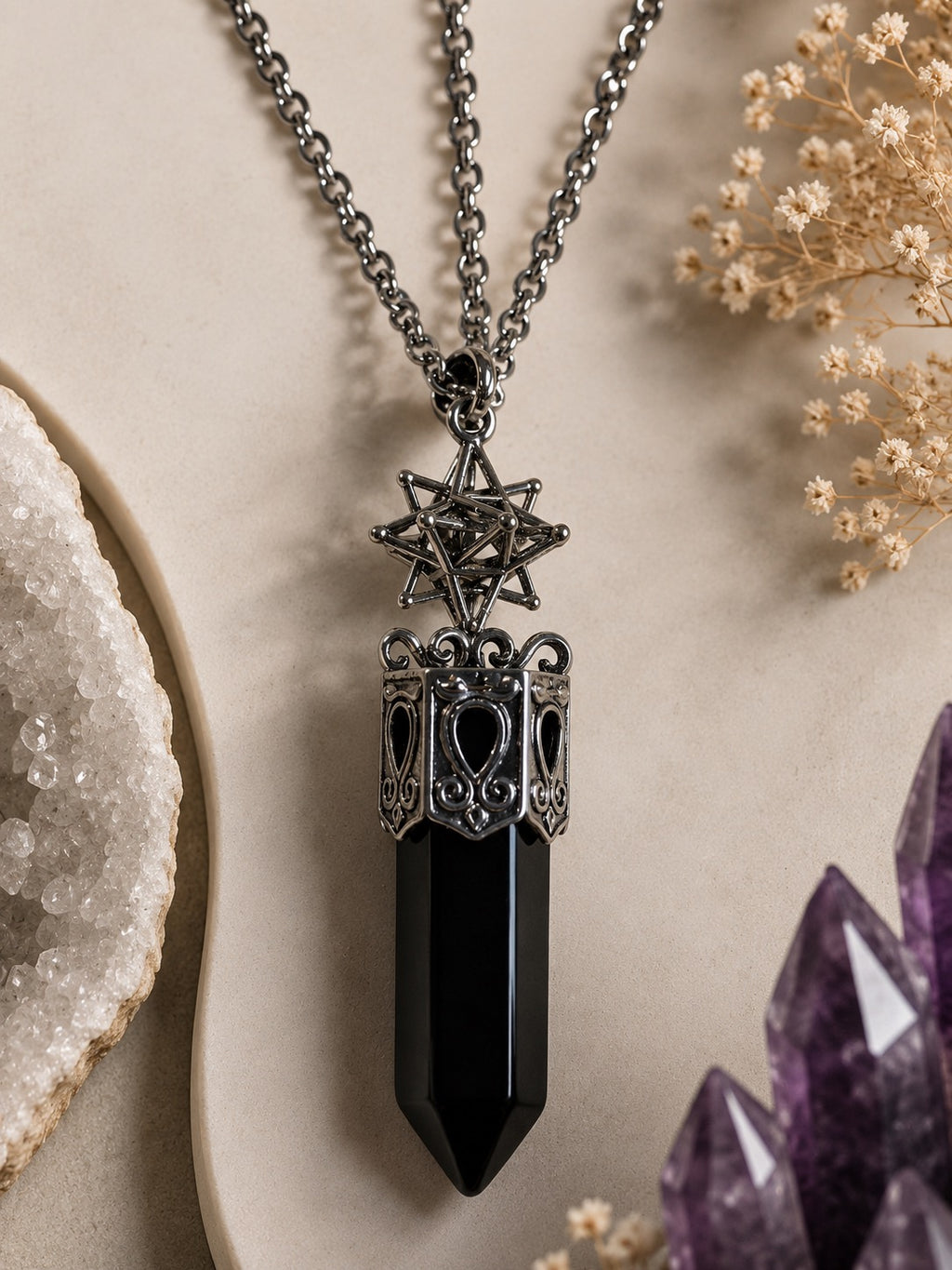 Black Obsidian Crystal Point Pendant Necklace – Sacred Geometry Protection Jewellery