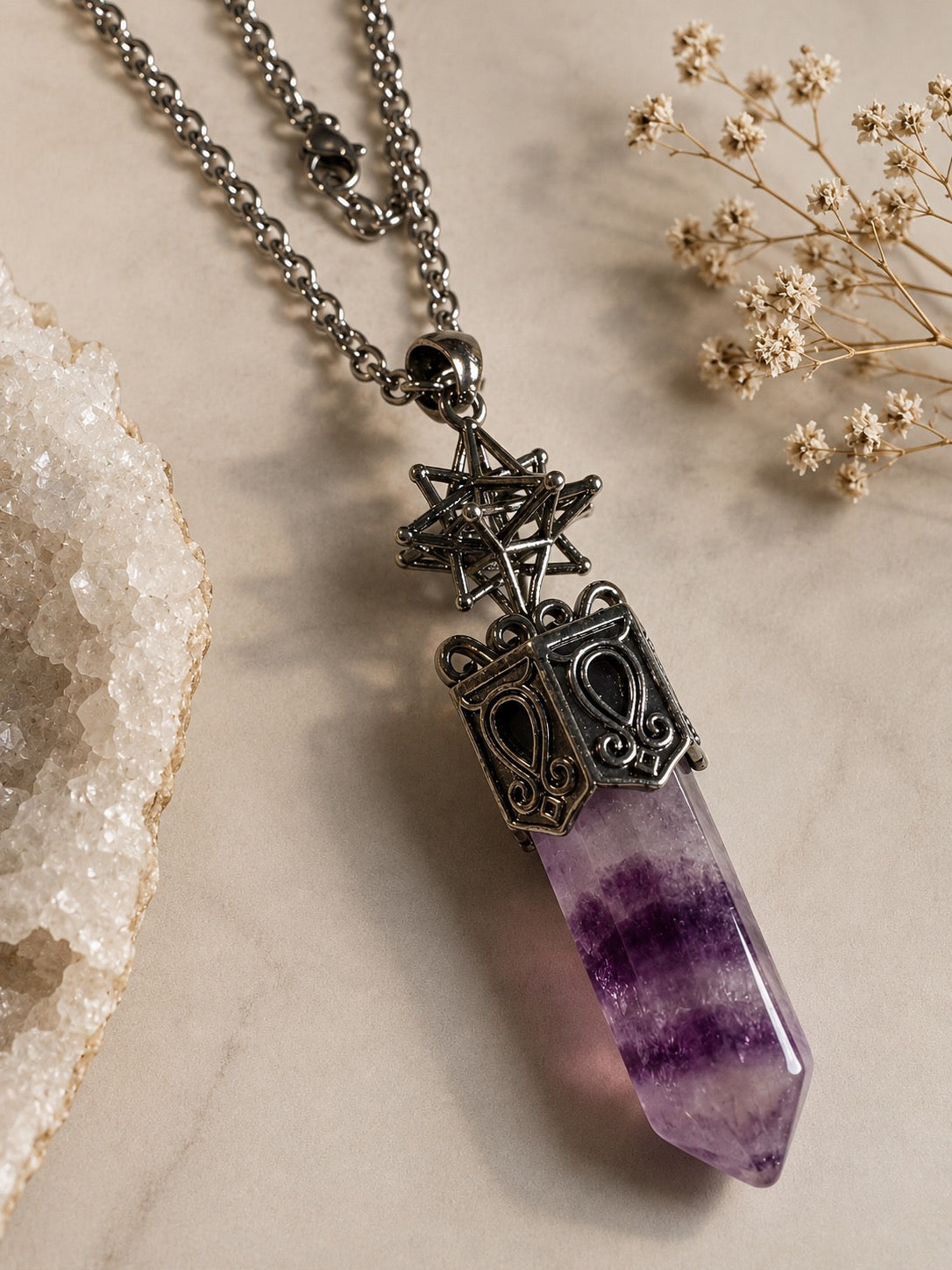 Fluorite Crystal Point Pendant Necklace – Sacred Geometry Gemstone Jewellery