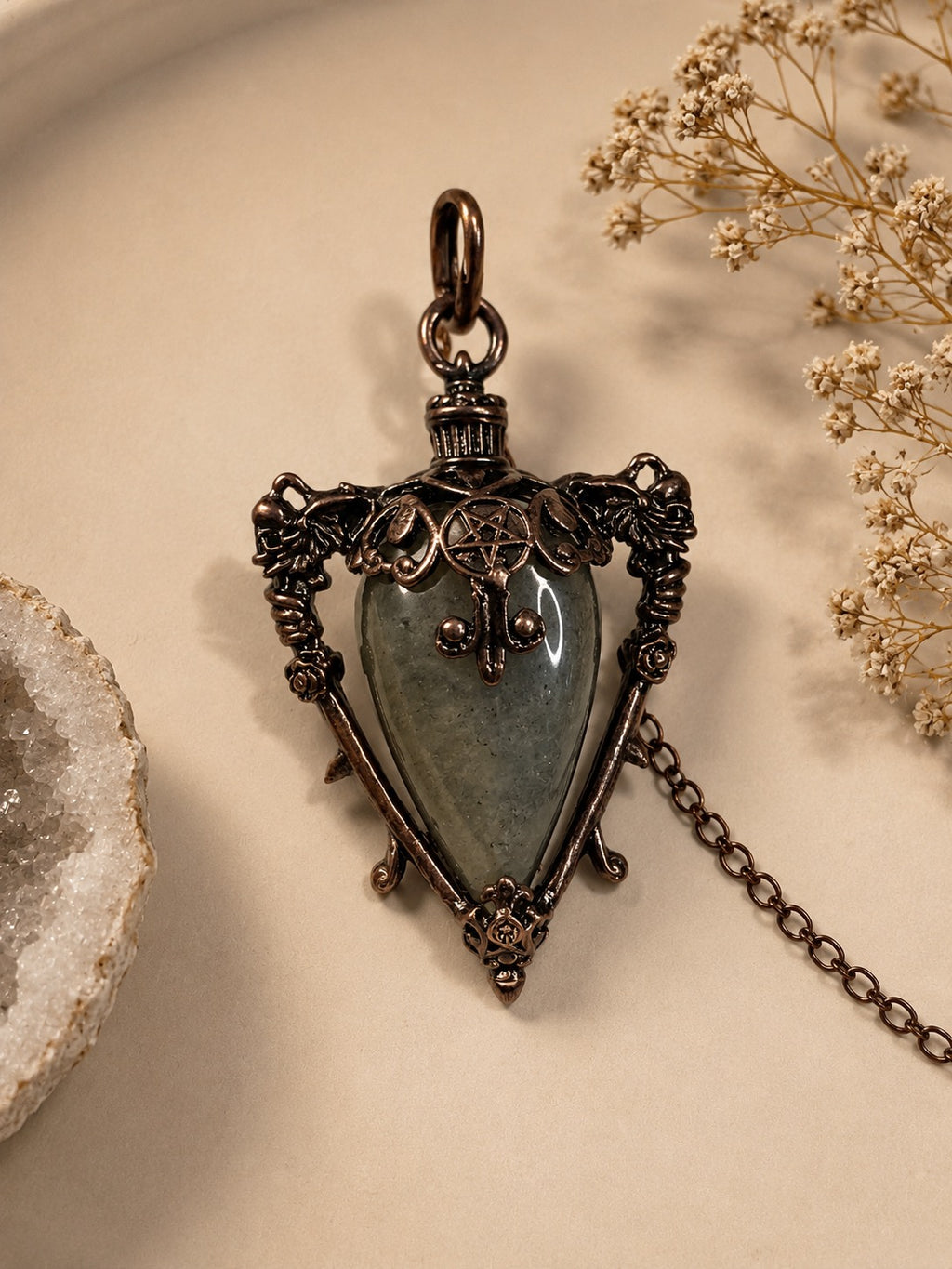 Labradorite Gothic Pendulum  – Antique Bronze Divination Pendant
