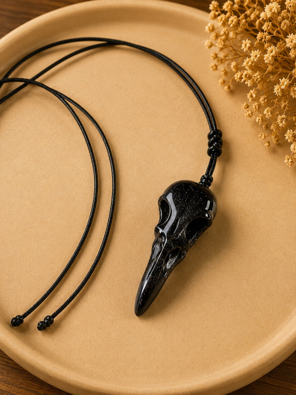 Handmade Resin Raven Skull Pendant Necklace – Gothic Witchy Jewellery