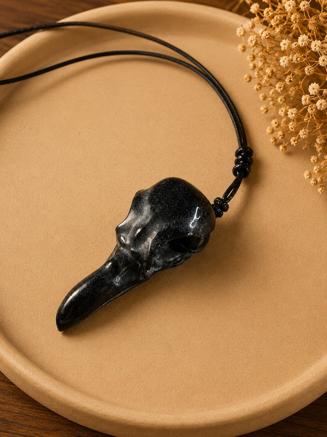 Handmade Resin Raven Skull Pendant Necklace – Gothic Witchy Jewellery