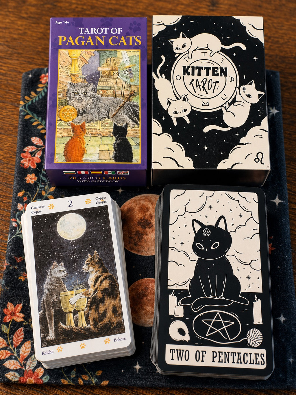 Tarot of Pagan Cats & Kitten Tarot Deck Bundle with Velvet Moon Phase Storage Bag