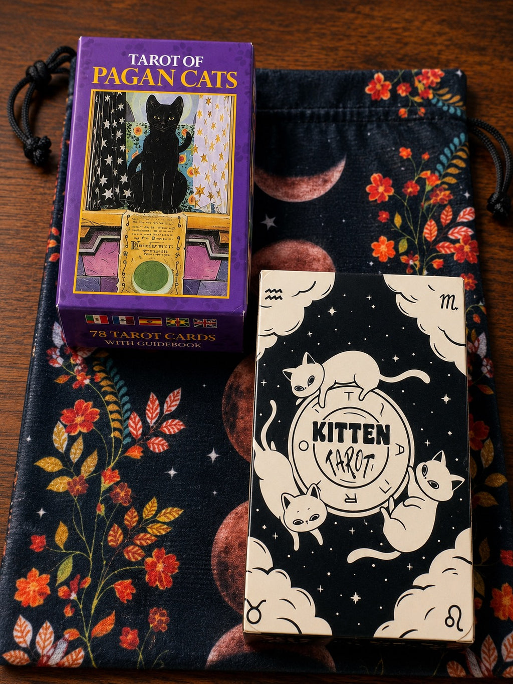 Tarot of Pagan Cats & Kitten Tarot Deck Bundle with Velvet Moon Phase Storage Bag